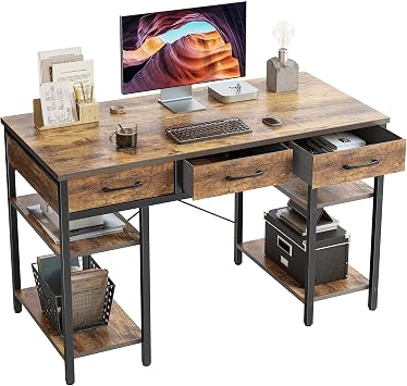 CubiCubi Computer Desk with 3 Drawers and Storage Shelves, 120cm Office Desk, Industrial Style Gaming Desk for Study, Bedroom, Living Room, Rustic Brown