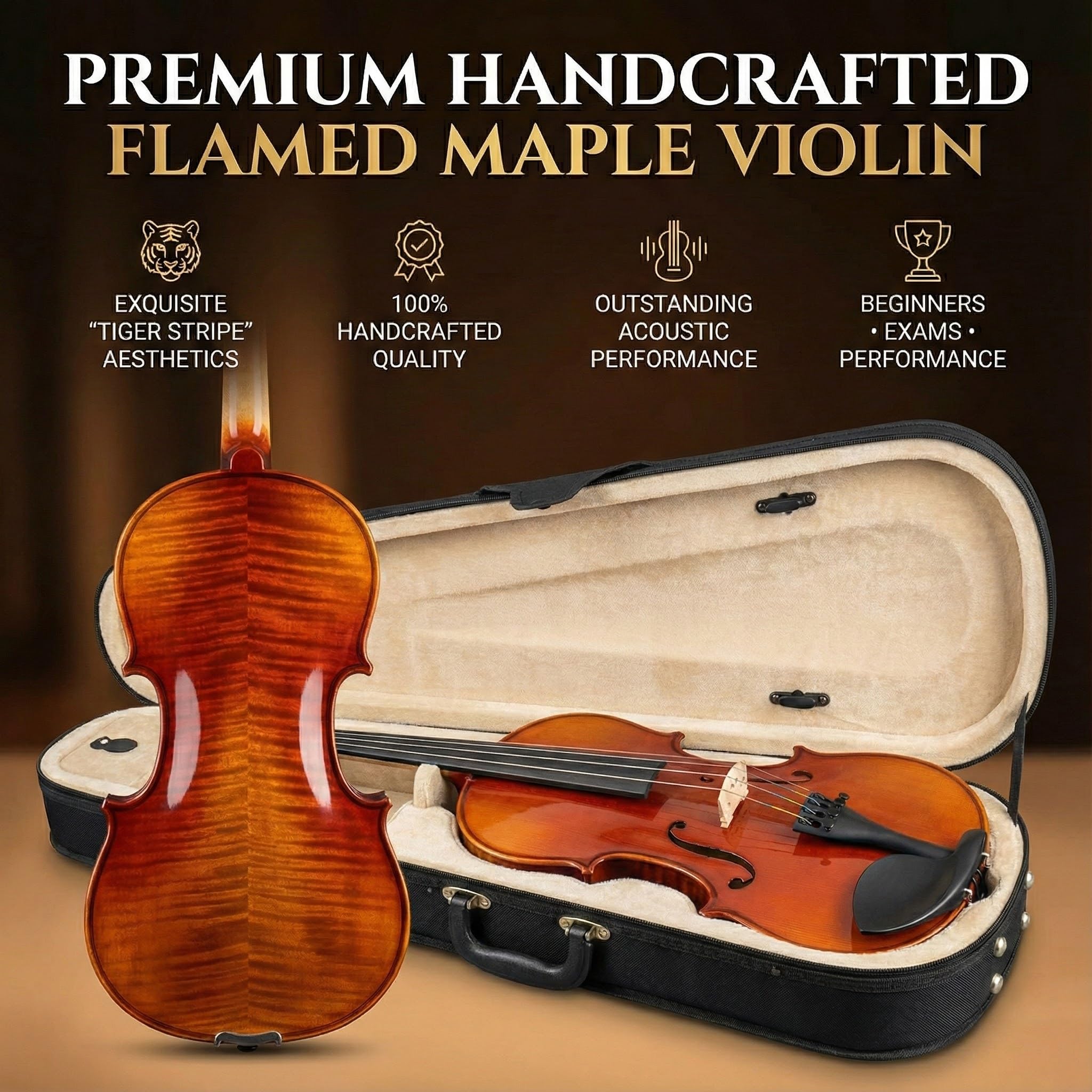 Violino 4/4, set completo per adulti e bambini, kit professionale fatto a mano in abete rosso, include custodia, arco, colofonia, spalliera, perfetto strumento acustico per principianti, dimensioni 4