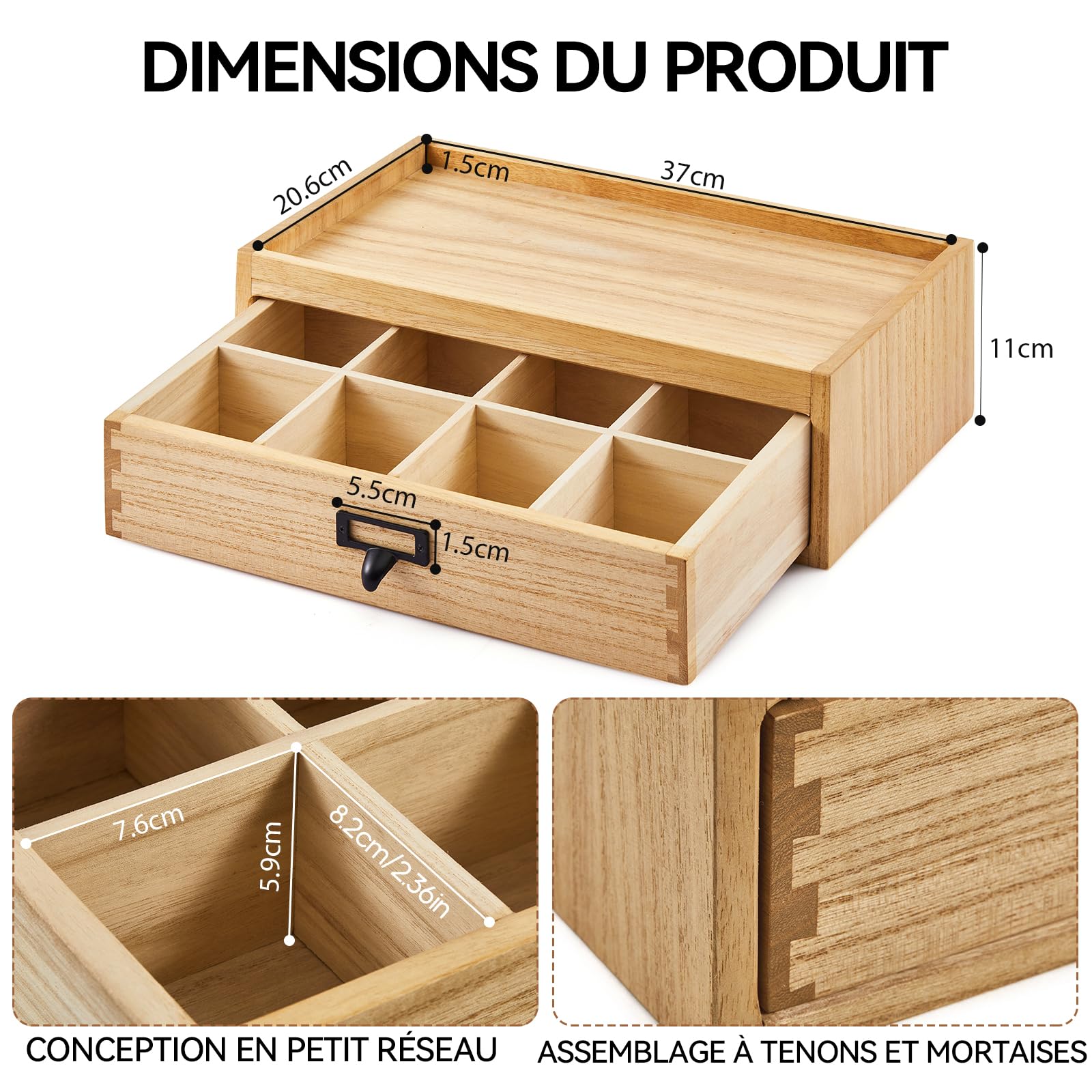 KIRIGEN Boîte à thé en bois massif avec tiroir - 8 compartiments - Boîte de rangement pour sachets de thé avec poignée en métal - Pour cuisine et bureau - Naturel