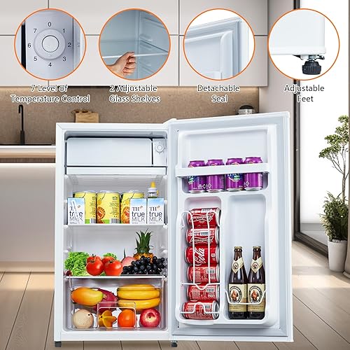 Miniatura 4 de Mini refrigerador de 3.2 pies cúbicos con congelador, refrigerador compacto con termostato ajustable de 7 niveles, cajón más crujiente y estantes de