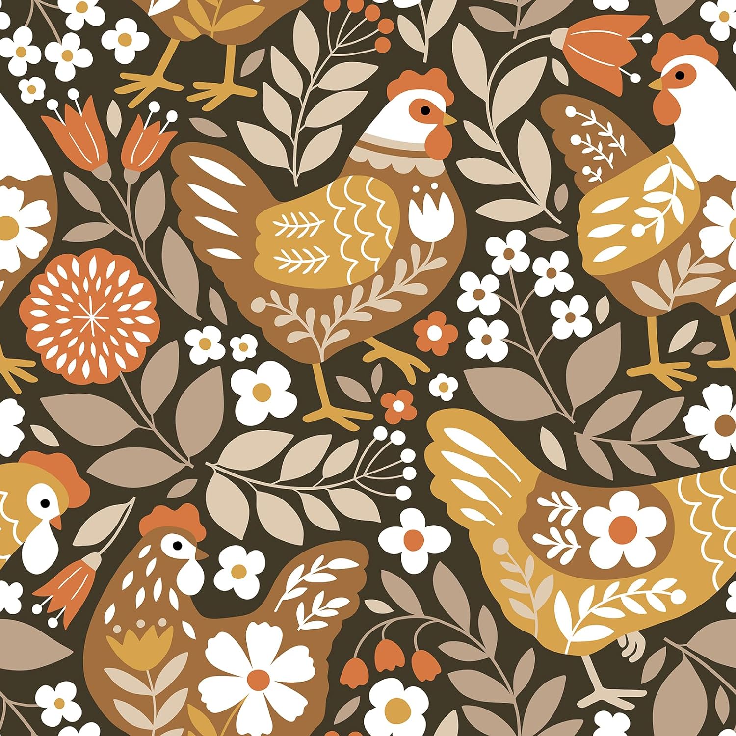 VaryStyle 17.7"x393" Farm Chicken Wallpaper Peel and Stick Cottage Core Wallpaper Vintage Brown Animal Floral Contact Paper for Walls Shelf Liner Waterproof Renter Friendly Wall Paper for Bathroom