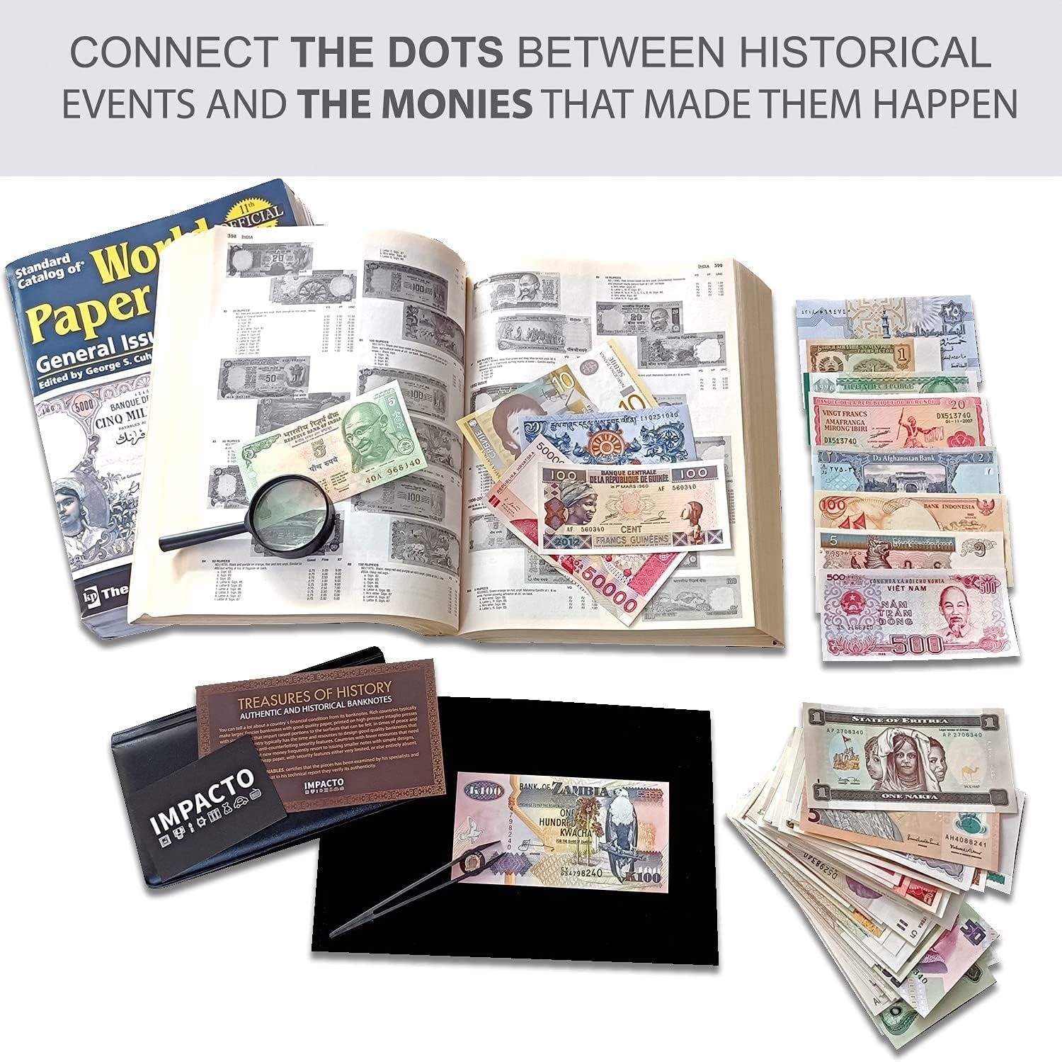 IMPACTO COLECCIONABLES Collection de 100 Billets Authentiques du Monde - Billets Originaux de Divers Pays sans Répétitions - Certificat d’Authenticité - Cadeau pour Collectionneurs
