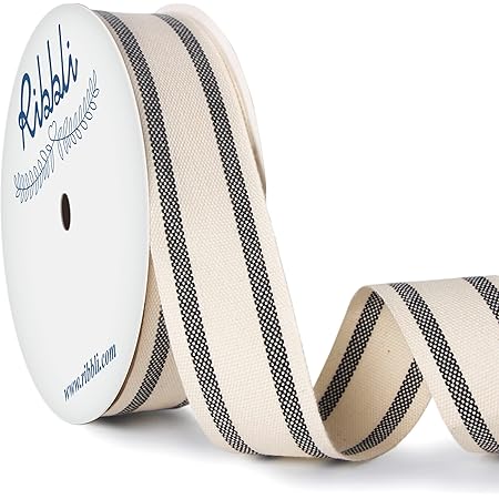 Ribbli Natural Cotton Stripe Ribbon,1Inch x 10 Yard Spool,Natural/Black,Farmhouse Ribbon,Use for Gift Wrapping,Home Decor,Floral Decoration