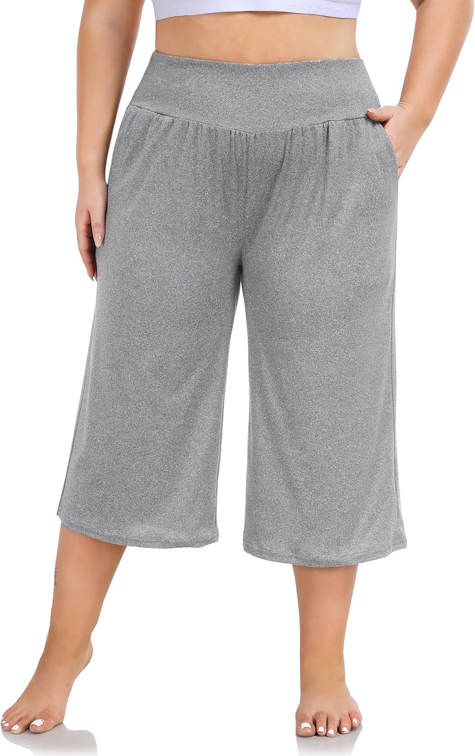 ZERDOCEAN Women's Plus Size Wide Leg Capris High Waist Yoga Pants Casual Loose Lounge Pants with Pockets