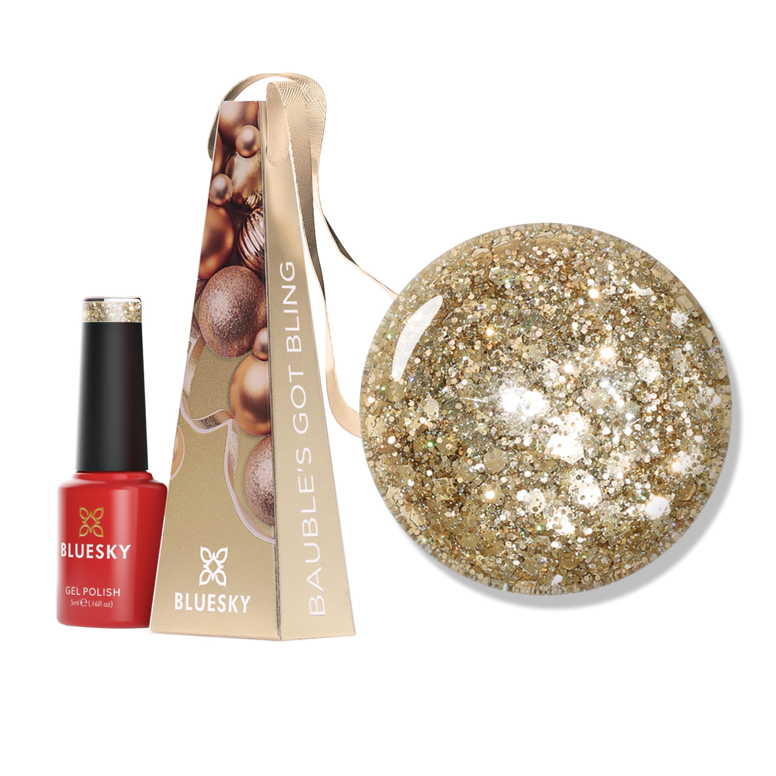 Bluesky Christmas Exclusive Gel Nail Polish Bauble 5ml, Bauble's Got Bling, Gold Glitter Soak-Off Gel Polish for 21 Day Manicure, Professional, Salon & Home Use, Requires Curing Under UV/LED Lamp