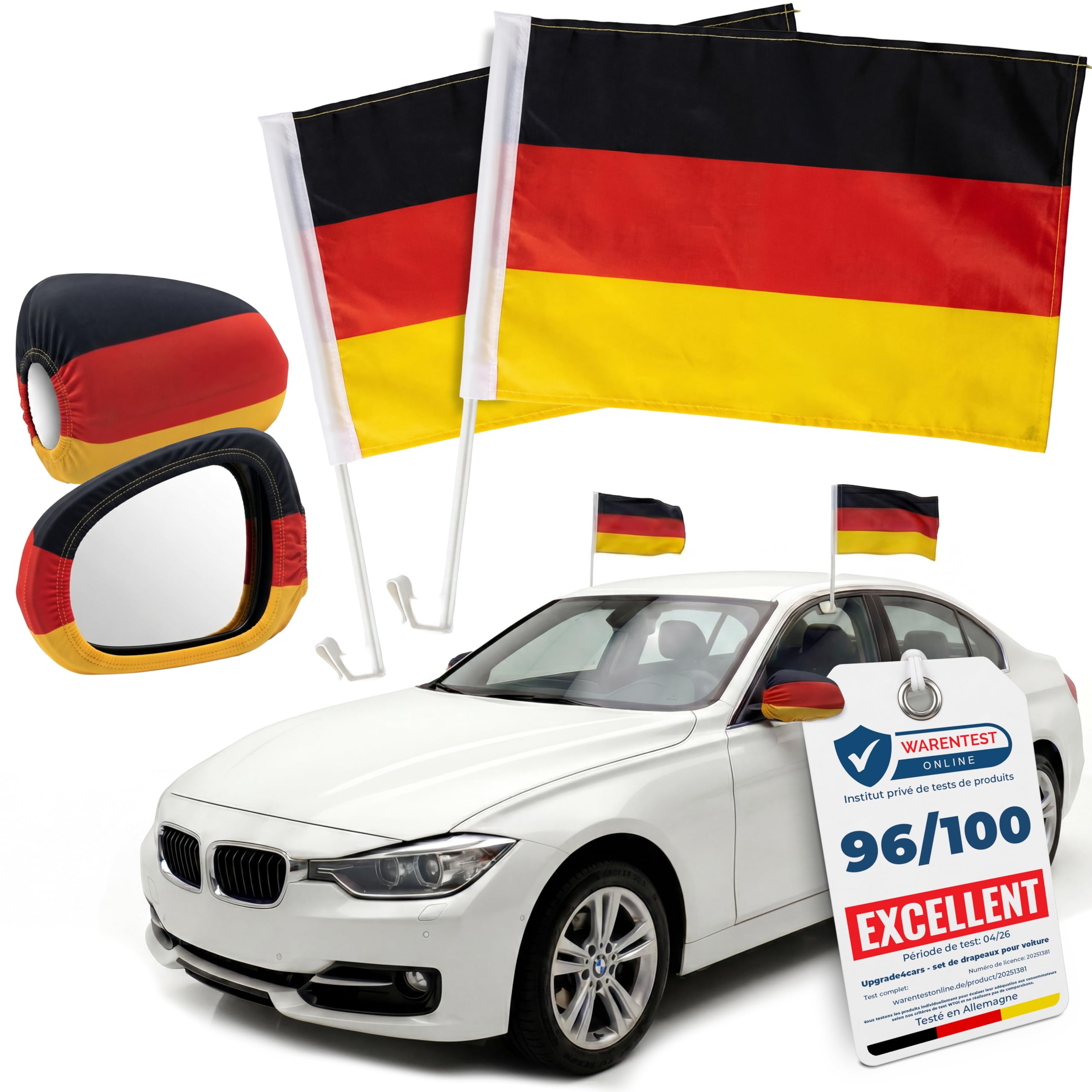 Upgrade4cars Drapeau de Voiture Allemagne + Housses Rétroviseurs Coupe du Monde 2026 | Fanion Auto Noir Rouge Or 45x30 cm | Drapeau National Voiture Article Fan Mondial MAX. 60 km/h