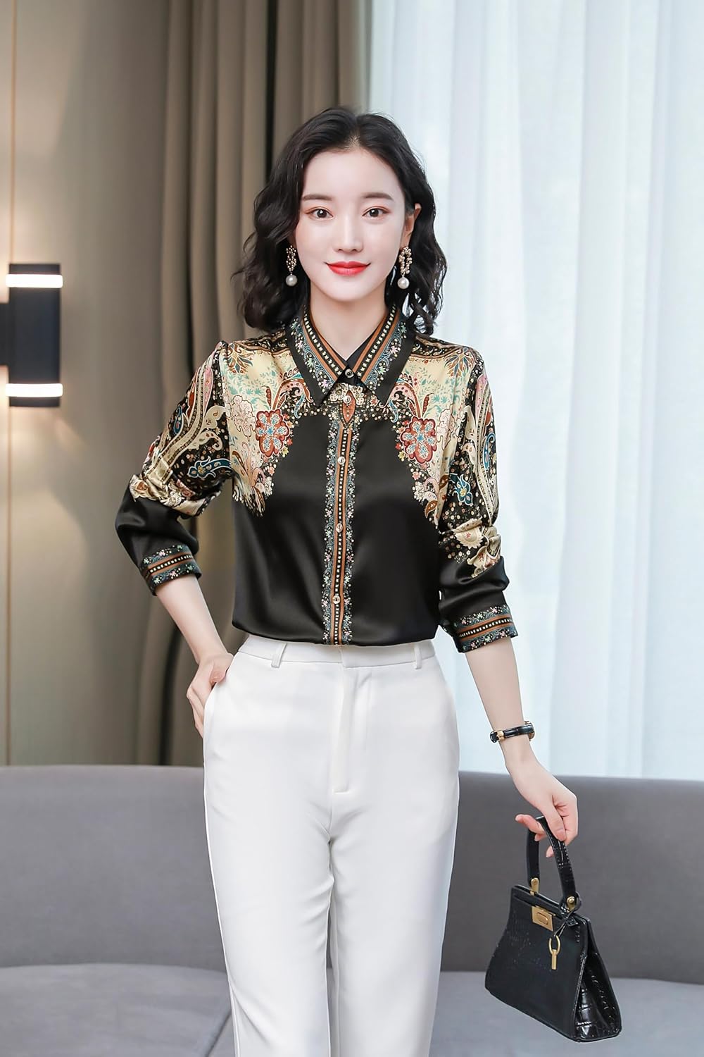 LAI MENG FIVE CATS Women's Silk Satin Shirt Floral Print Long Sleeve Button Down Casual Blouse Top - Image 2