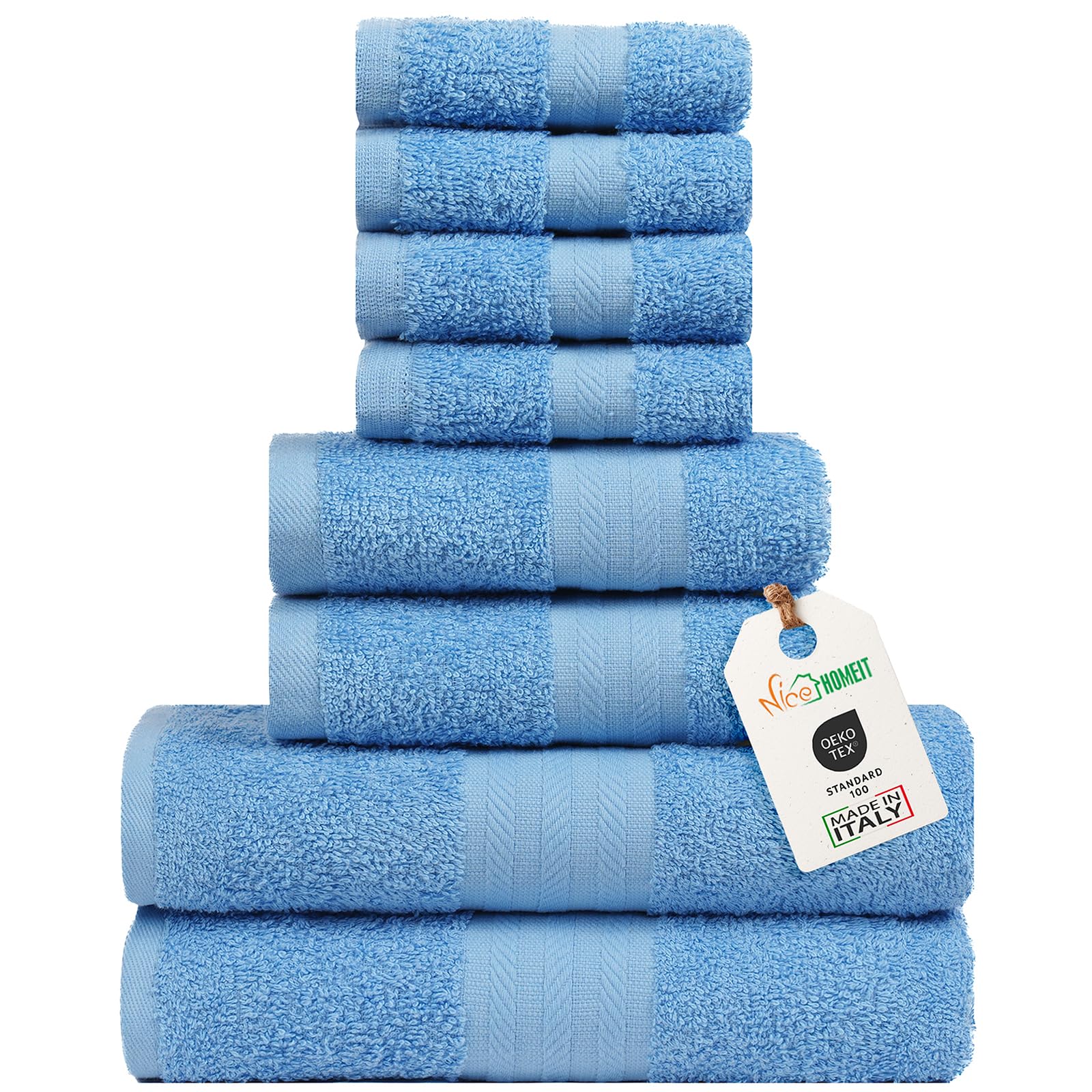 nice homeit Set Asciugamani Medie, in Cotone 100%, 8 Pezzi Asciugamani, Made in Italy. Extra Morbido Assorbente. 2 Asciugamani + 2 Asciugamani Ospite + 4 Lavette (Azzurro)