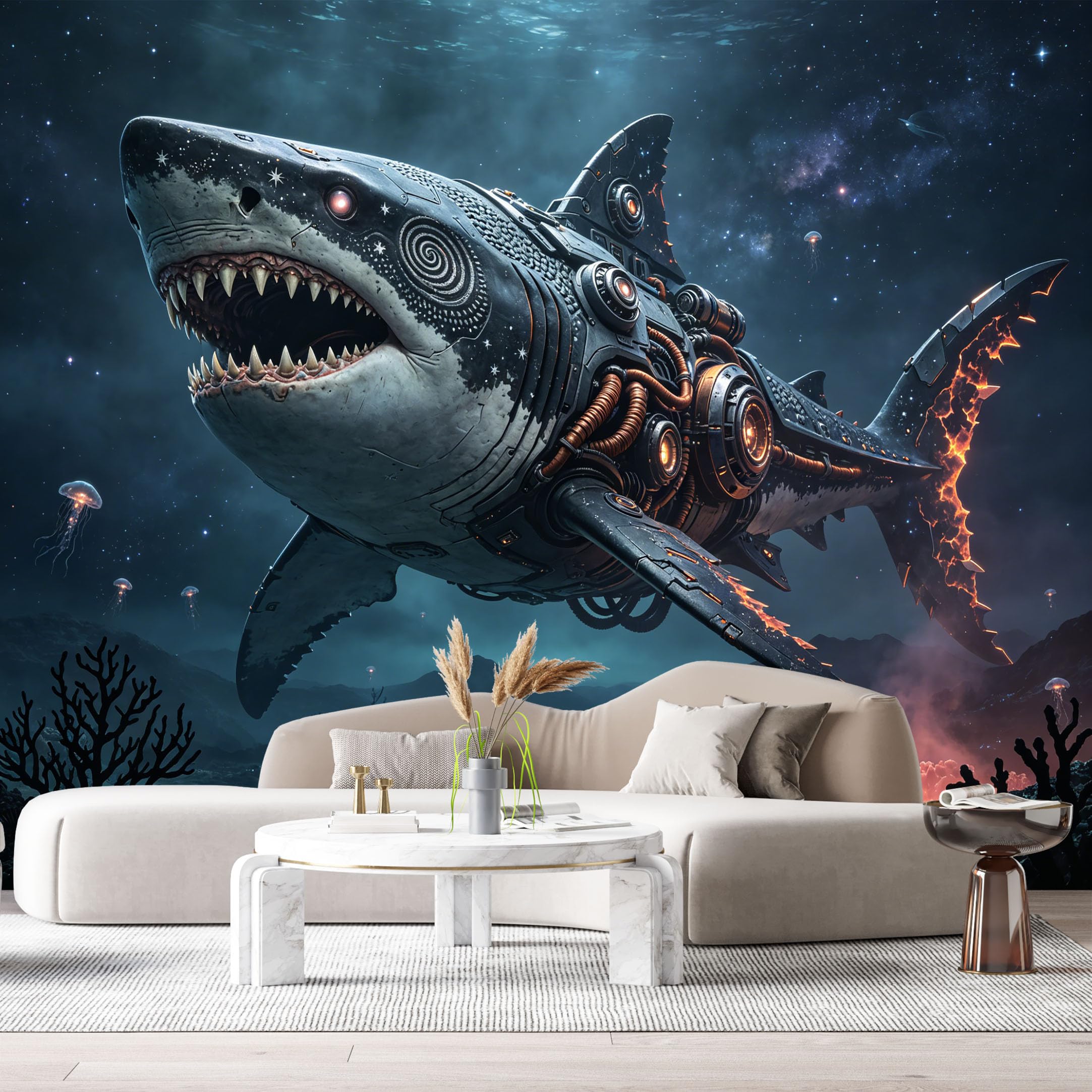 Custom Size Wall Mural Mechanical Aquatic Predator Ocean SciFi Steampunk Underwater Future Armor Metal Beast 3D Art SelfAdhesive Art Prints Removable Large Wallpaper Esports Game Room Studio