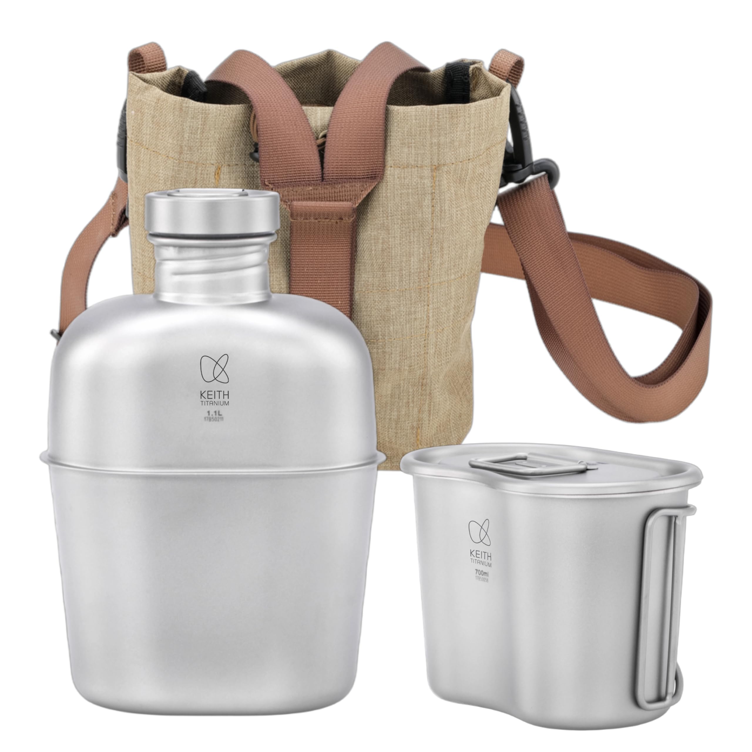 KEITH Ultralight Titanium Canteen Mess Kit, 1100ml Water Bottle & 700ml Bowl with Carry Pouch, Wide Mouth Backpacking Kettle & Mug for Hiking, Camping, Picnic, Travel, Outdoor Gear(Ti3060)