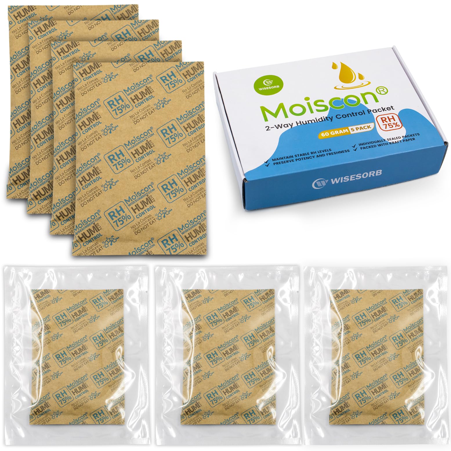 Wisesorb 75% Two-Way Humidity Control Packs - 60 Gram - 5 Pack - Moisture Control Packets Individually Wrapped for Storing 1 lb, Humidifier Packs for Storage Containers Hydration Packets