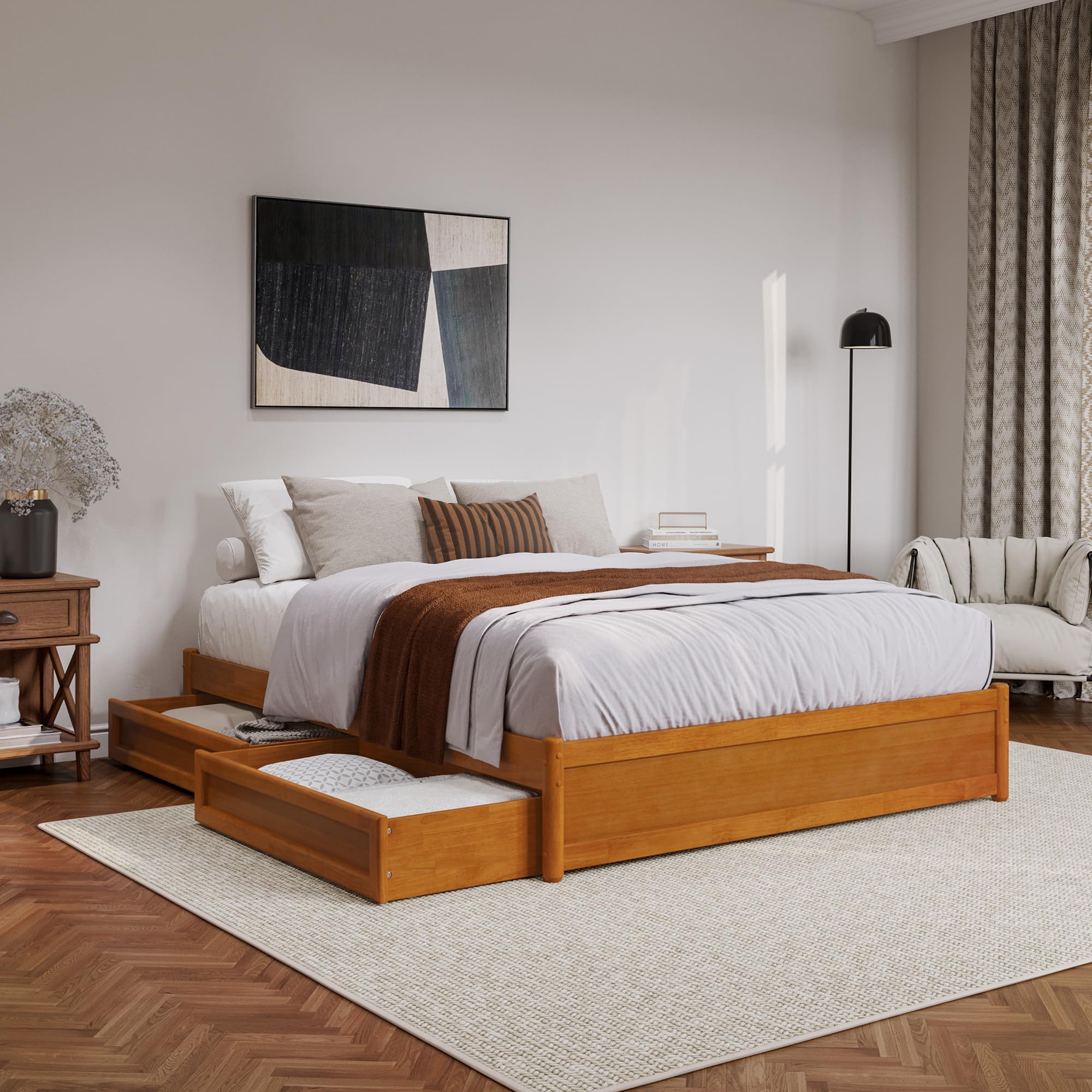AFI, Barcelona Queen Panel Platform Bed with Storage Drawers, Light Toffee