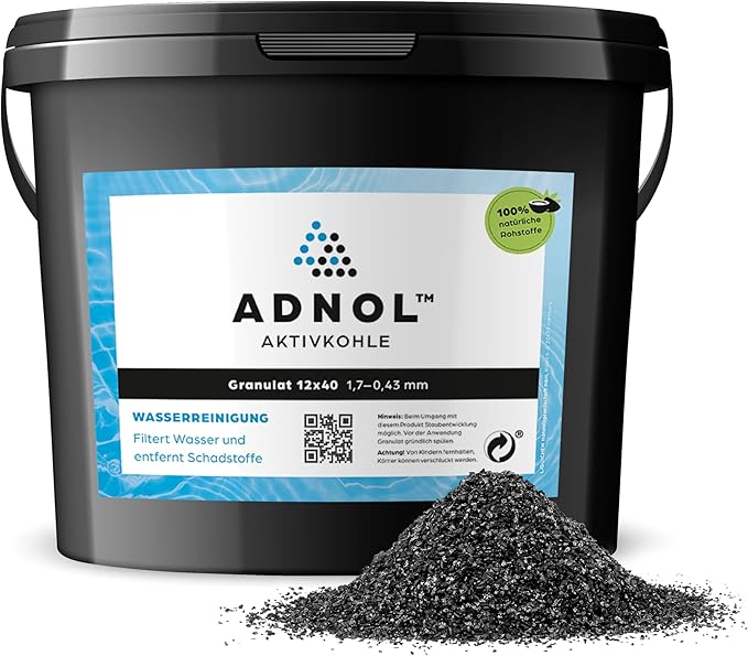 Carbón activo granulado de 10 litros de cáscaras de coco para filtro de agua para acuario y estanque, malla 6 x 12, grano 3,35 – 1,7 mm, clase energética A, se puede utilizar como filtro de