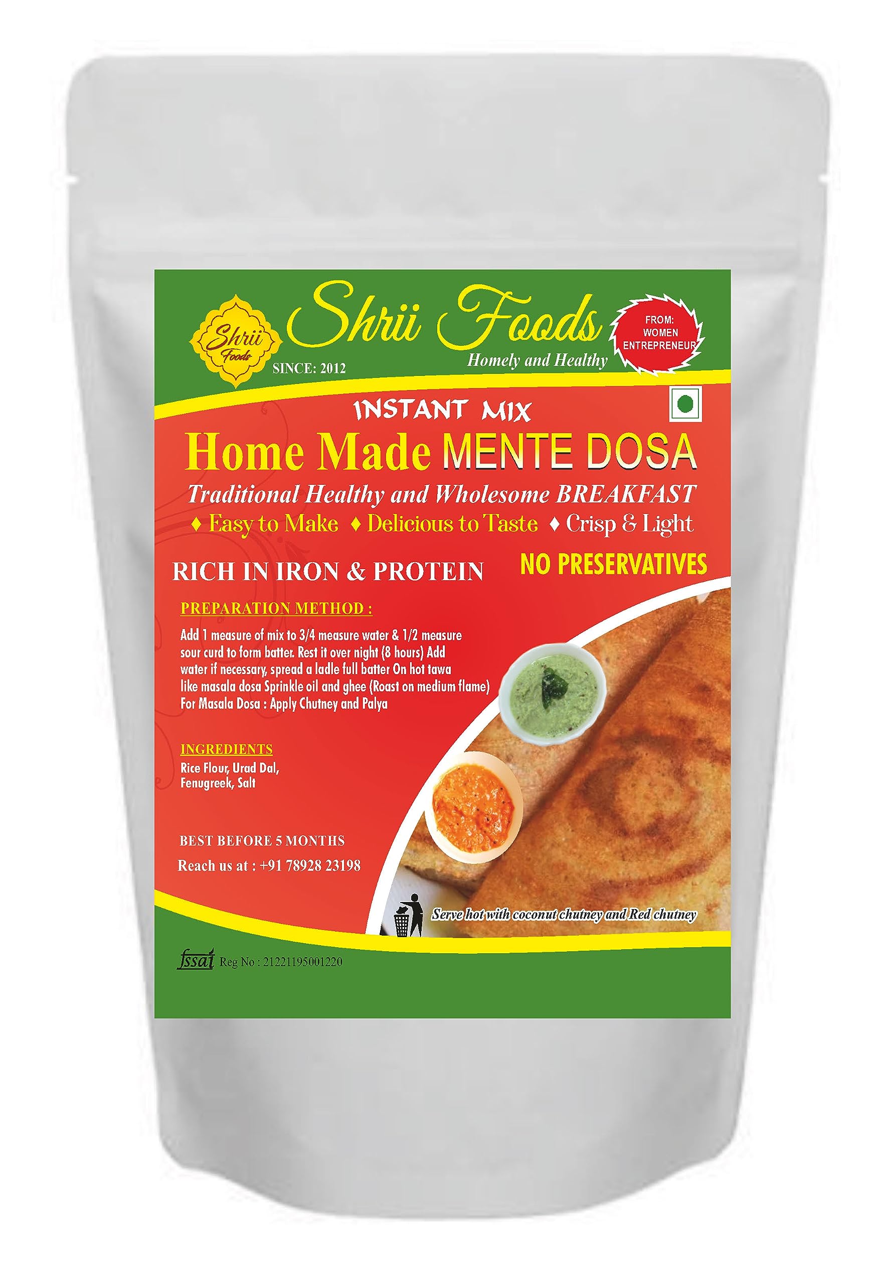Shrii Foods Mente/Masala Dosa Instant Mix II No Added preservatives II Home Made Mente/Masala Dosa Premix II Easy to Make Mente/Masala Dosa premix Qty: 500 GMS (B0BRJVP8GR) Amazon Price History, Amazon Price Tracker