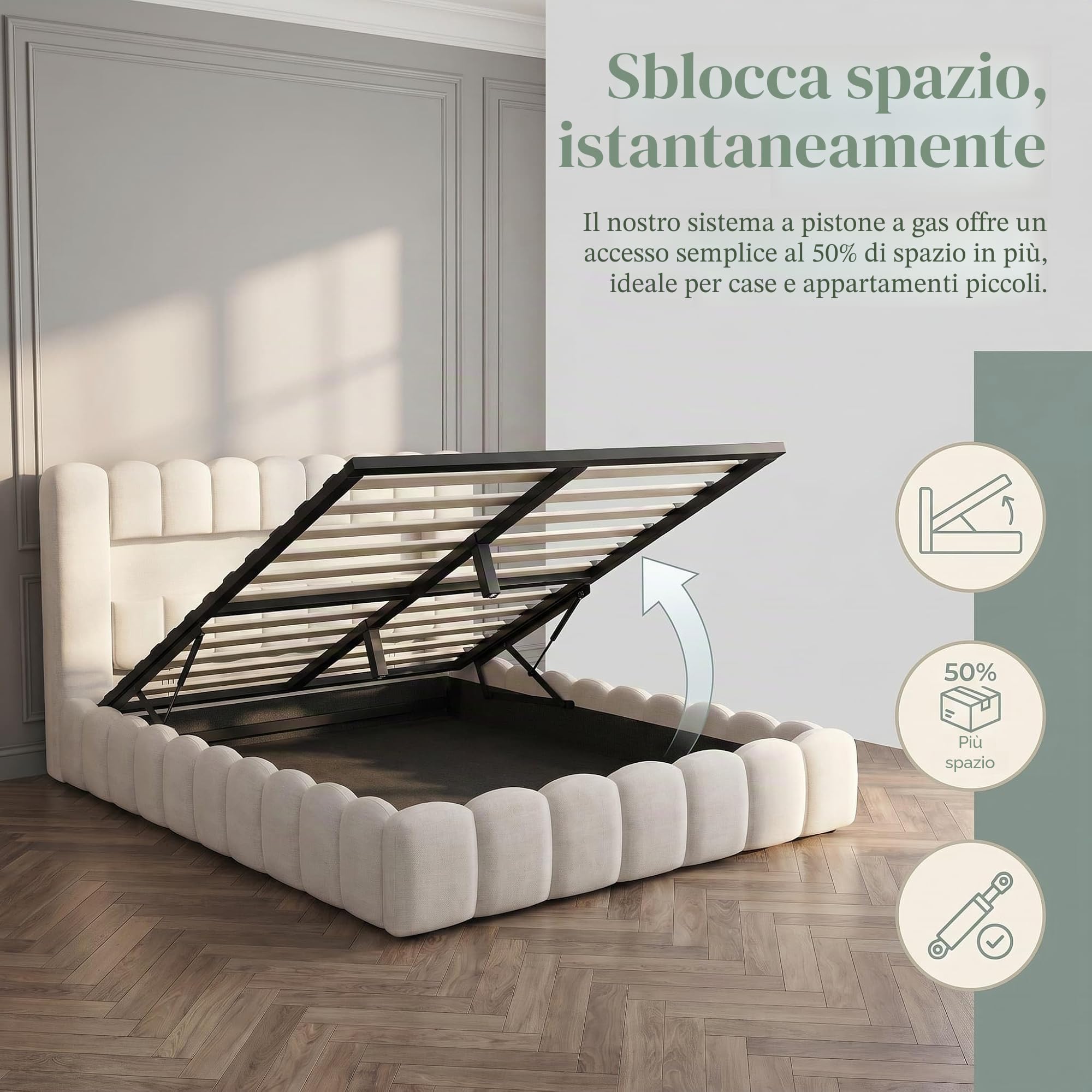 Letto matrimoniale imbottito, a bolle 180 x 200 cm, con contenitore letto