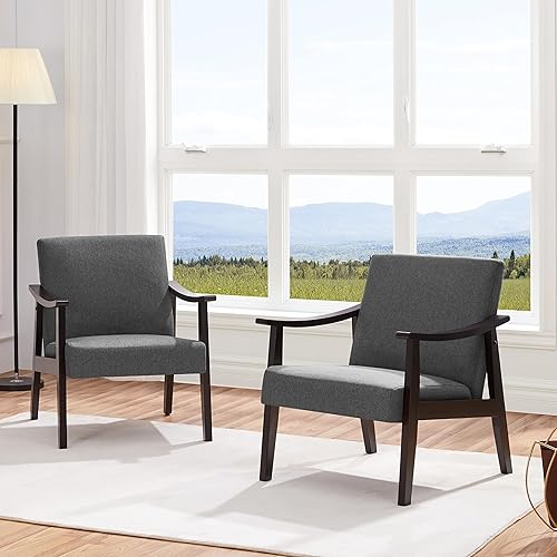 Miniatura 4 de Yaheetech Silla de ocio con reposabrazos y pies sólidos, silla moderna de mediados de siglo, sofá lateral de tela de lino para sala de estar y