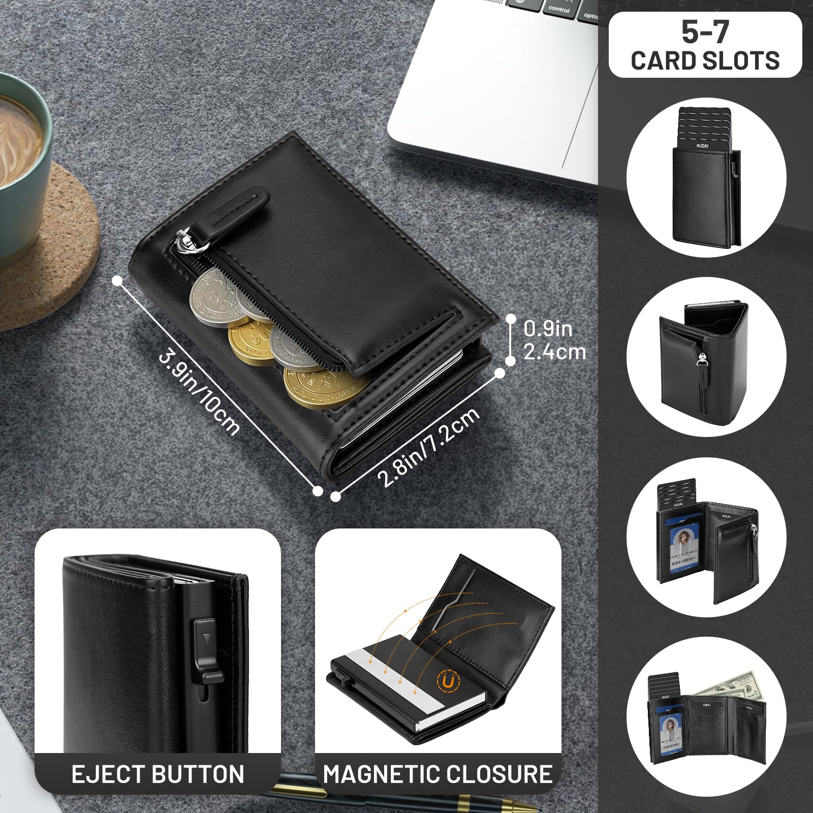 Portfel Męski,Slim Wallet z Kieszenią na Monety I Zapięciem Magnetycznym,Portfel na Karty,Etui na Karty Kredytowe z Blokadą Rfid,Okienkiem Identyfikacyjnym,Pop-Up Smart Wallet dla Mężczyzn