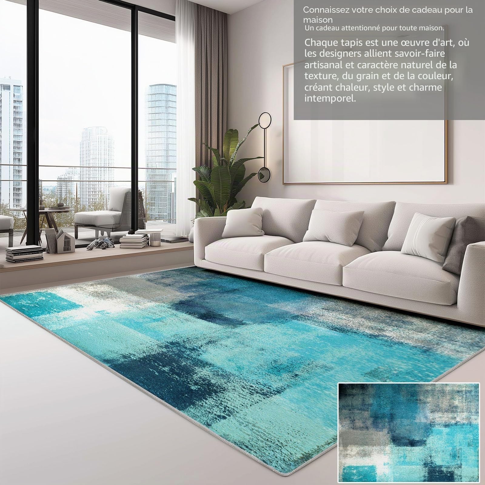 Tapis de Salon Géométrique Abstrait 120x180 cm Turquoise et Bleu Marine, Tapis Poils Courts Lavable Moderne, Décoratif Antidérapant et Doux pour Salon Chambre et Bureau