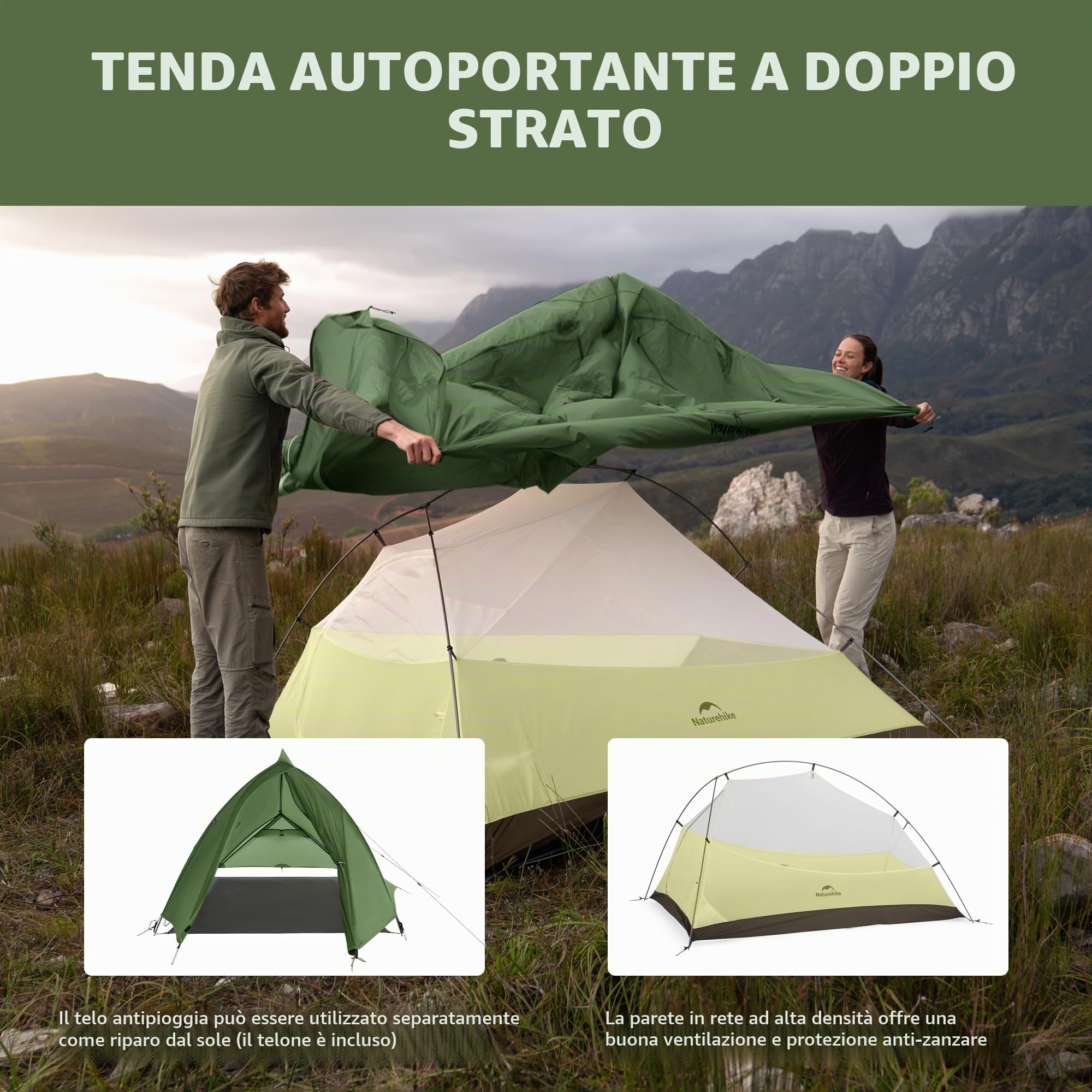 Naturehike Cloud Up Pro - Tenda da campeggio leggera per 2 persone, facile da montare, antivento e impermeabile, per attività all'aperto, viaggi, trekking (verde oliva/senza fluoro)