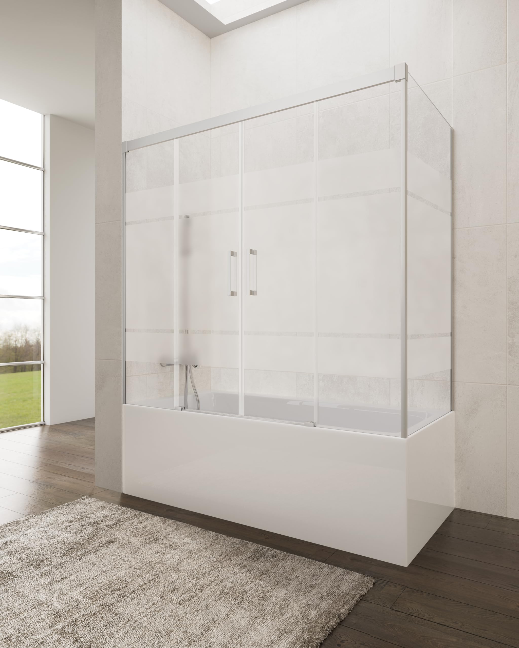 IMEX wanna prysznicowa 180 cm 2 drzwi przesuwne + 70 cm panel boczny stały chrom | Odwracalna szklana przegroda z sitodruku 6 mm o regulowanej szerokości i wysokości 150 cm