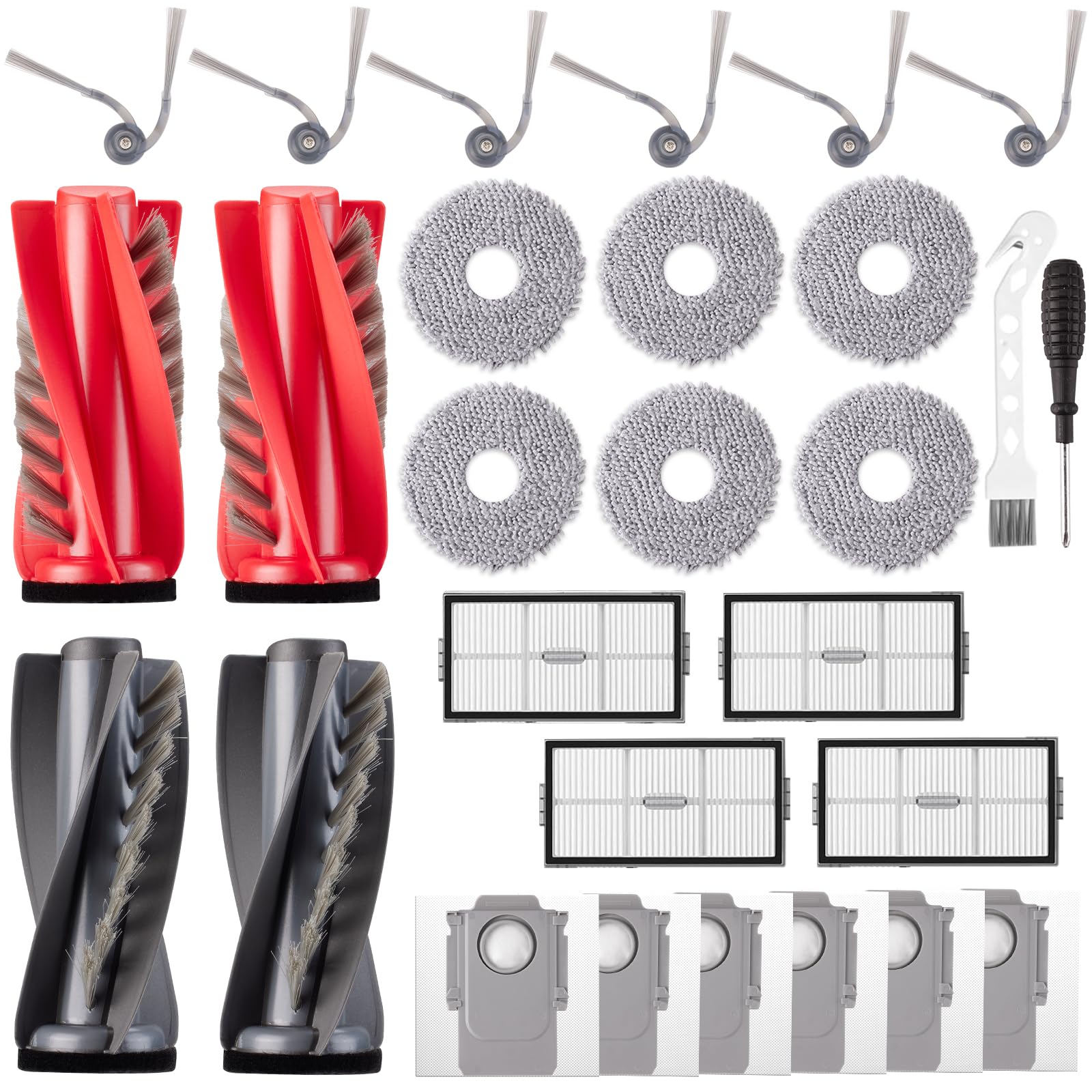 28 Stück Zubehör für Roborock Saros 10R / Qrevo CurvX/Qrevo Curv 2 Pro Saugroboter, Ersatzubehör 4 Hauptbürsten 6 Wischpads 6 Staubbeutel 6 Seitenbürsten 4 Filter 1 Reinigungsbürste 1 Schraubendreher