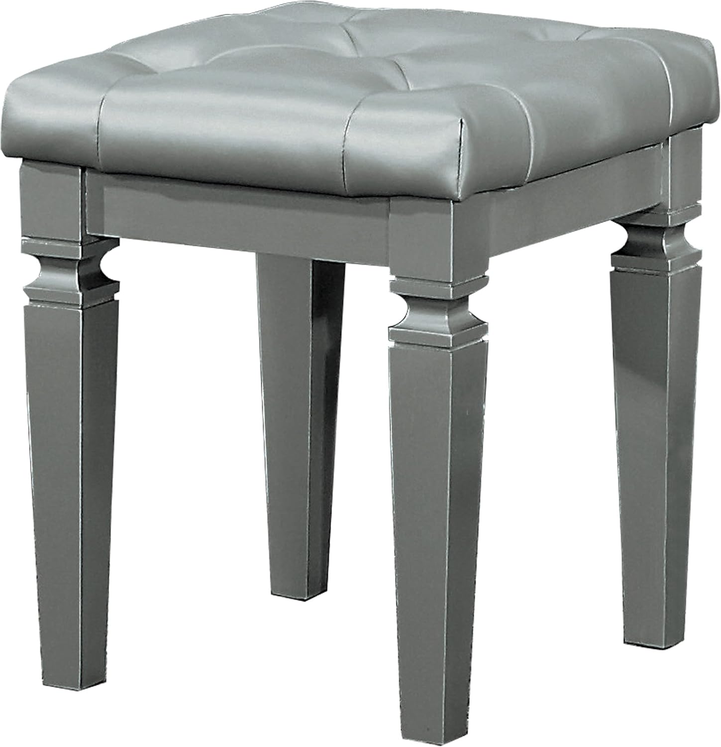 Silver Tufted Vinyl Vanity Stool with Turned Legs