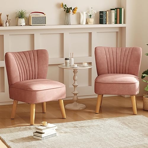 KOMFOTT Juego de 2 sillas decorativas tapizadas, moderna silla de terciopelo sin brazos con patas de madera de goma maciza, sofá con respaldo de ala