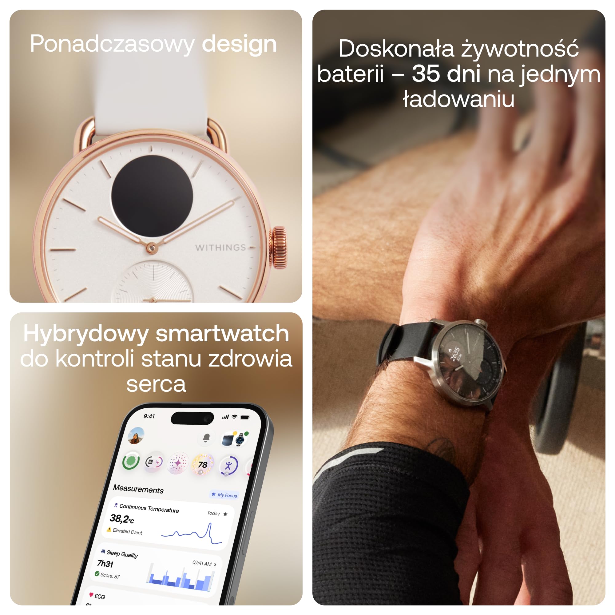 Withings ScanWatch 2 Heart Health Hybrydowy smartwatch dla mężczyzn i kobiet, EKG, SPO2, monitorowanie temperatury, śledzenie snu, zdrowie układu oddechowego, śledzenie cyklu, czas życia