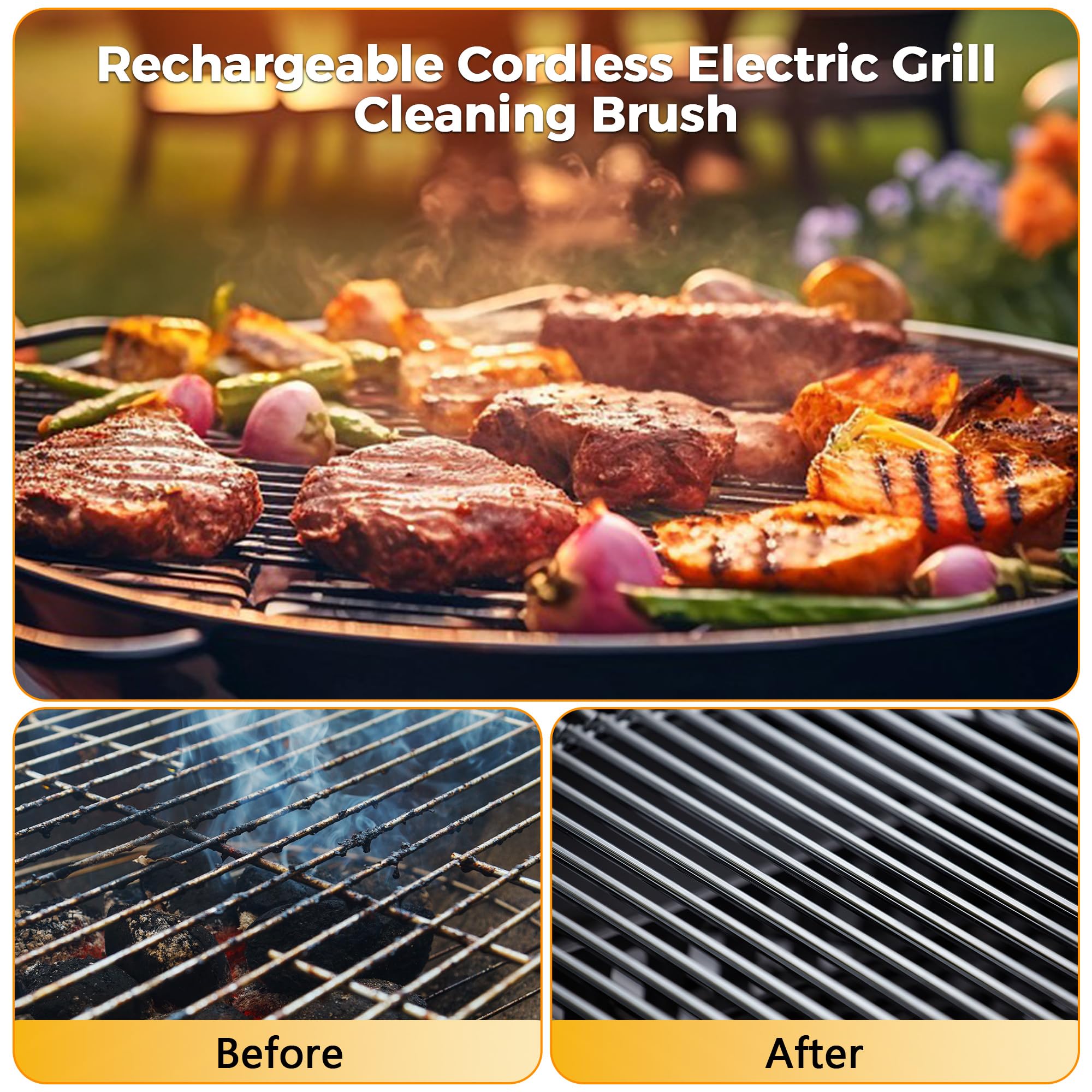 Cepillo eléctrico para parrilla, cepillo de barbacoa inalámbrico resistente con cerdas de acero inoxidable, batería recargable de 2000 mAh, limpiador motorizado de parrilla de 1100 RPM para parrillas