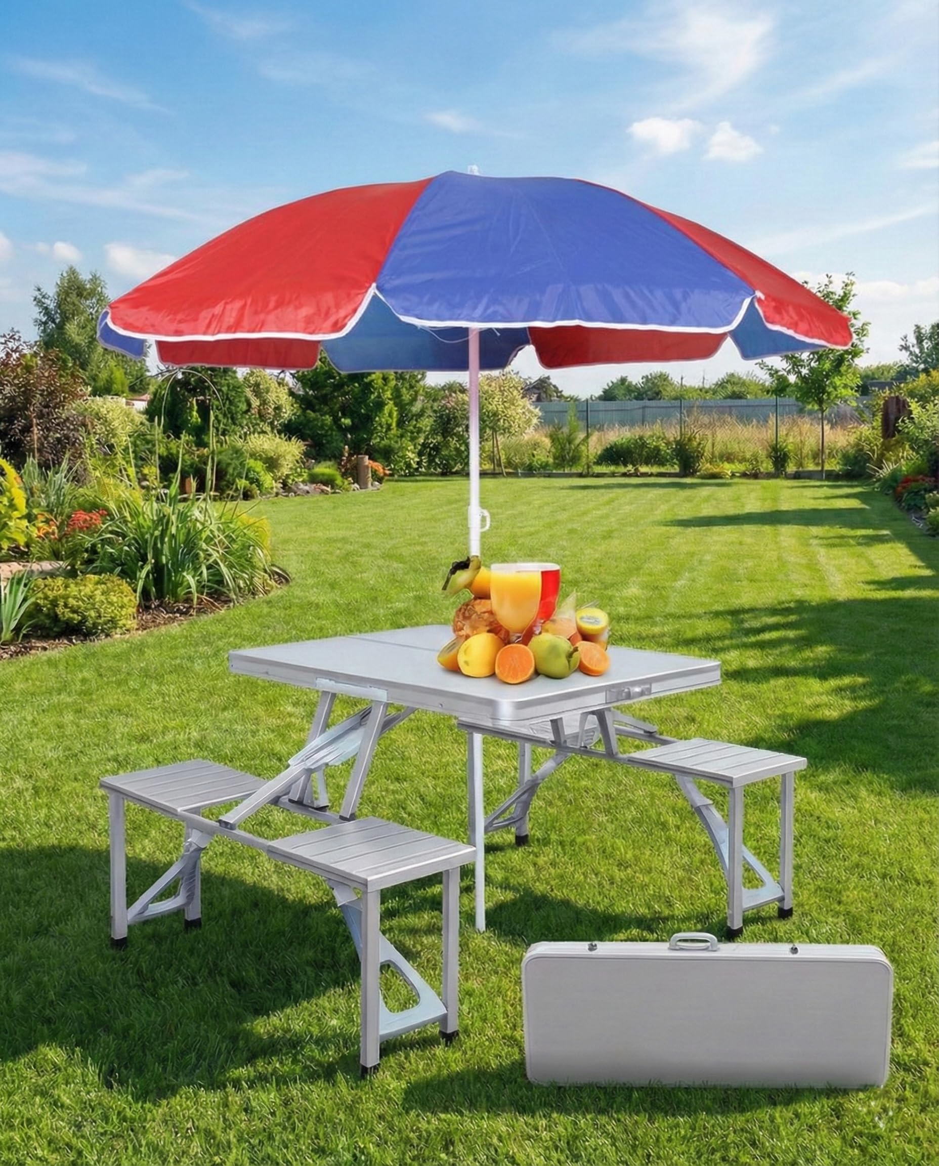 MY HEART Portable Folding Picnic Table With 4 Attached Chairs | And 6.5 Ft Umbrella, Heavy Duty Aluminium Suitcase Design For Family Travel And Camping, Silver, 1 Set-image-11