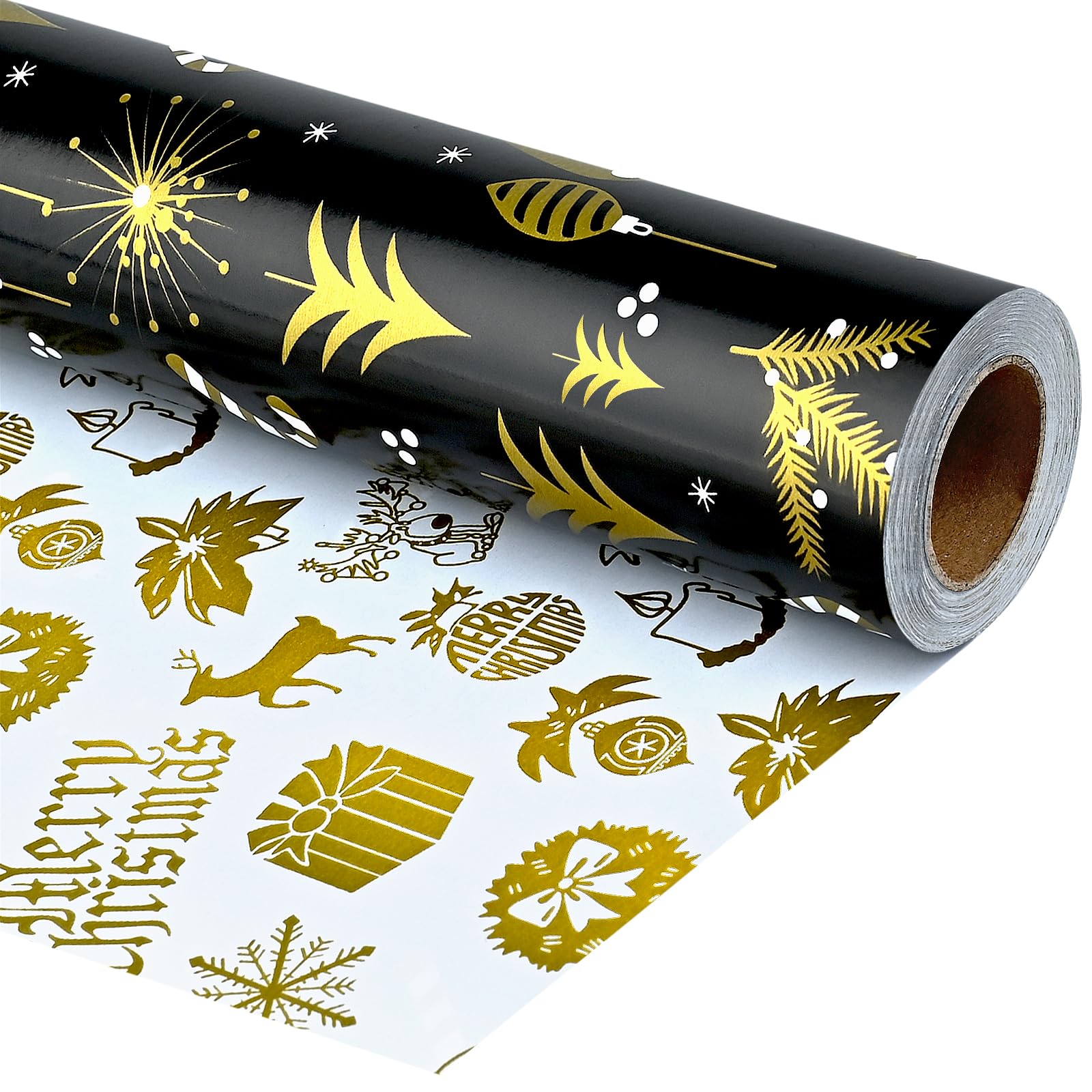Black Christmas Wrapping Paper Roll, 43cm*10m Kraft Recyclable Brown Gift Wrap Paper With Snowflake Gingerbreadman for Xmas Party New Year Gifts, ECO-friendly Present Decorations