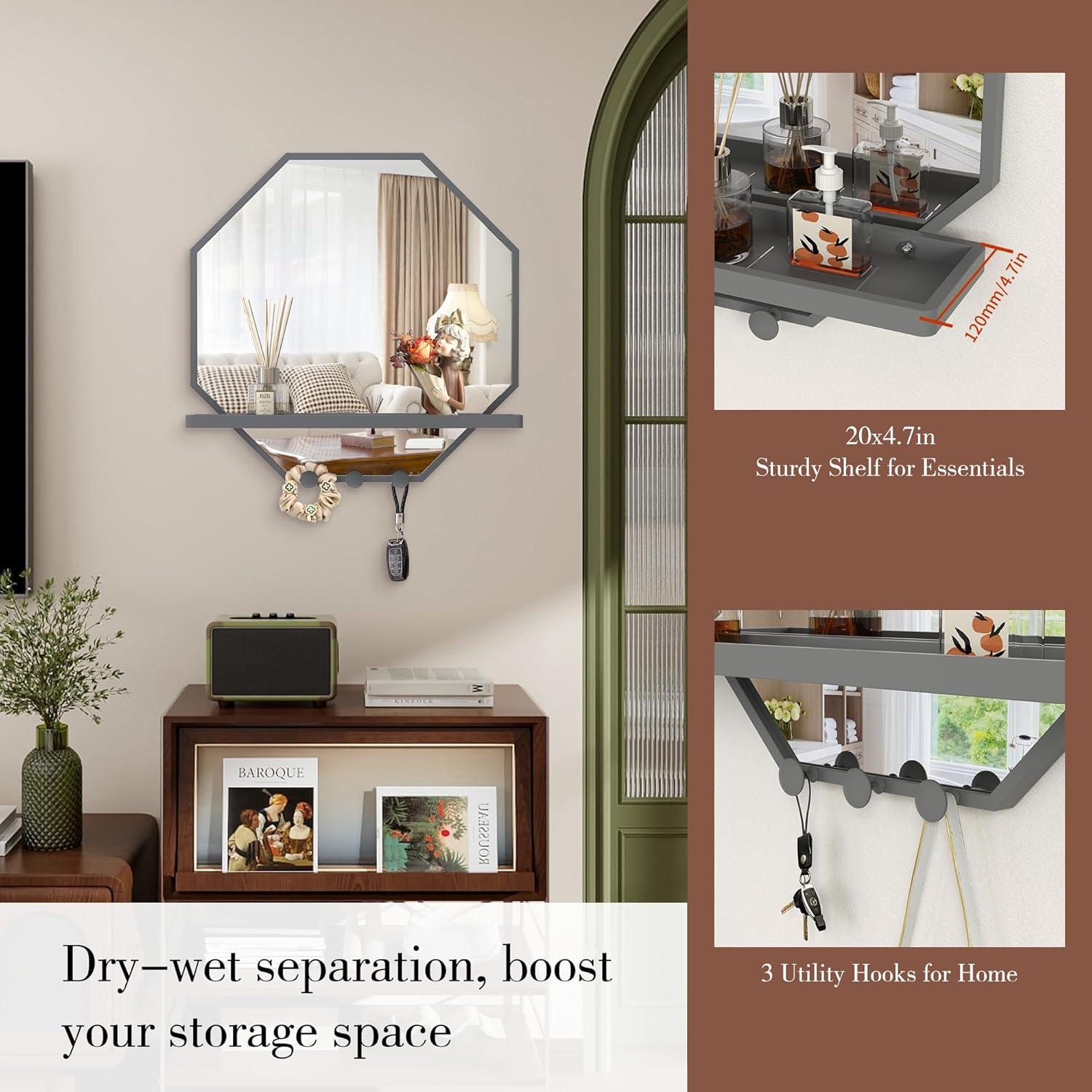 BEAUTME 20x20 inch Octagon Wall Mirrors with Shelf and Hooks, Metal Framed Octagon Mirror for Entryway, Modern Farmhouse Decor Wall Mounted Mirror for Living Room Bedroom Entryway (Gold)