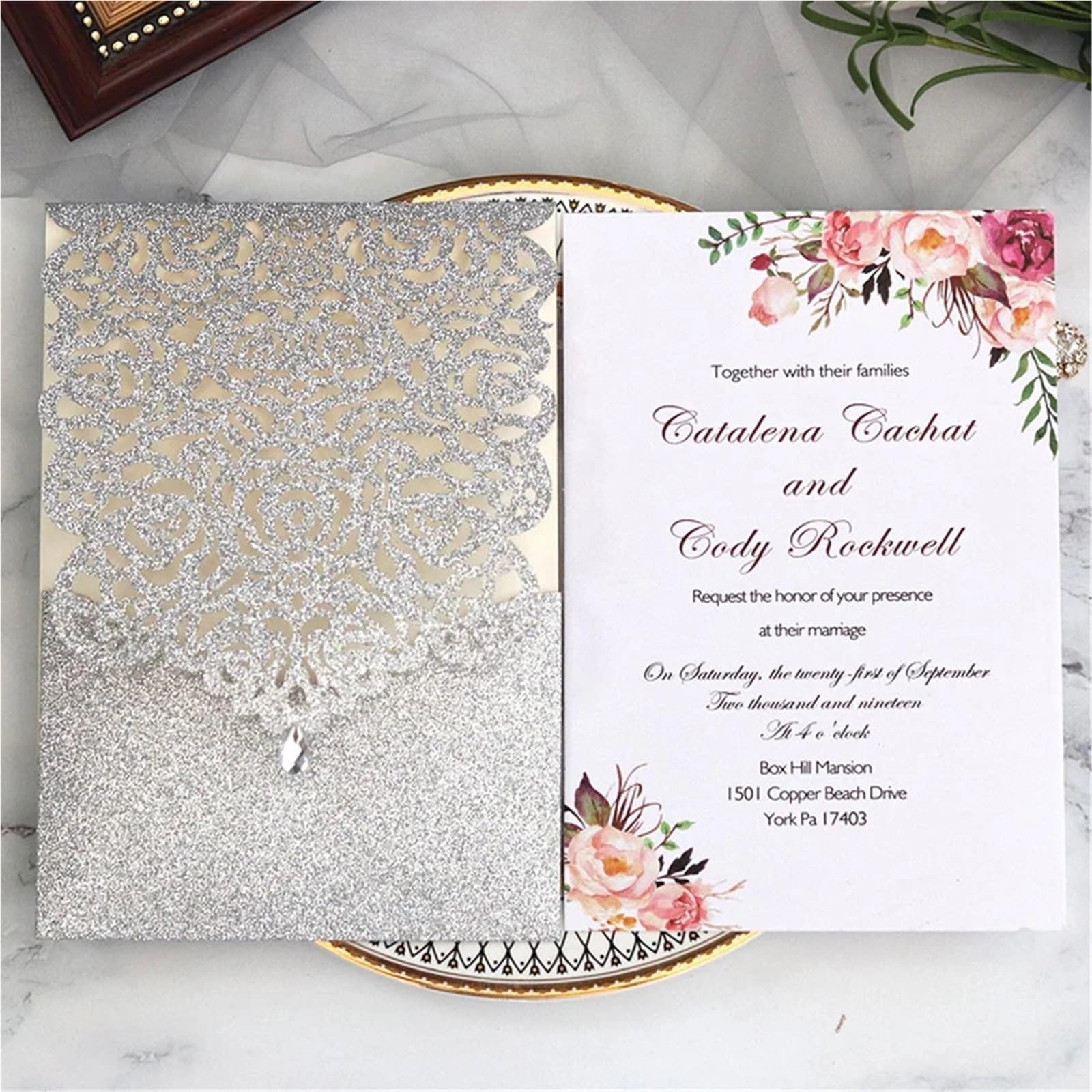 Einladungskarten für alle Anlässe, Hochzeitseinladungskarten, 10er-Pack, Glitzerpapier, Mehrfarbig, 125 x 180 mm, mit Umschlägen(Rose Cover Insert)