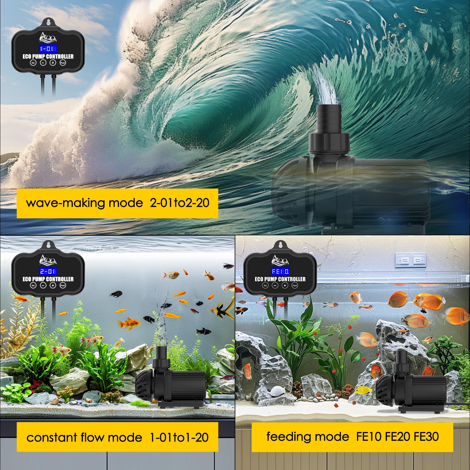 AQQA Aquarium Wasserpumpe,75W 9000L/H Aquarium Teichpumpe,Einstellbare Tauchpumpe mit Zirkulation machen Welle,Fütterungsmodus,20 Optionen Flow,Leise Amphibipumpe für Fischtank,Wasserfall,Hydroponik
