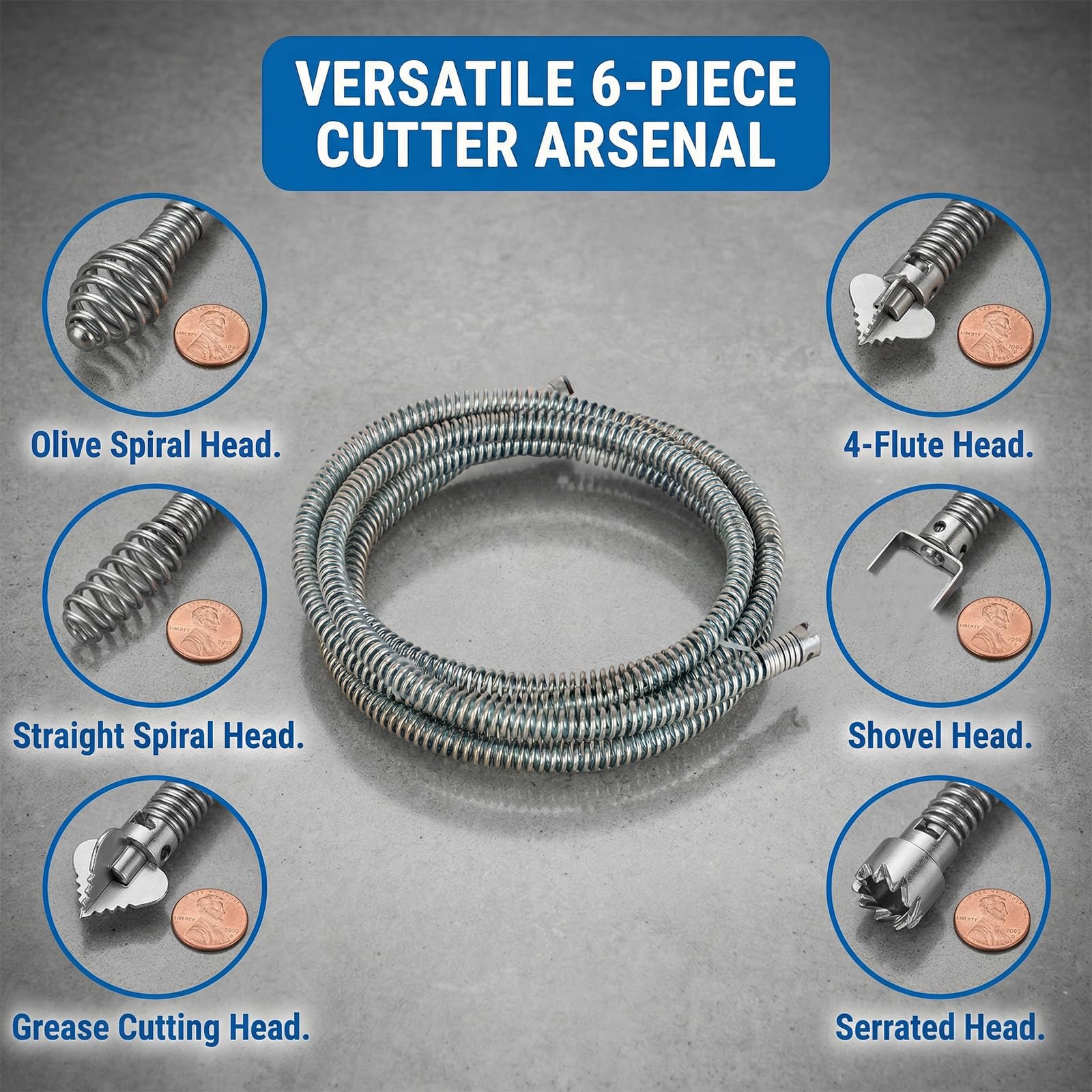 Stura Lavandini e Scarichi 5M, Sonda Sturatubi 12mm con 6 Testine, Spirale Flessibile per WC Tubi Scarico, Molla Sturatubi Acciaio con Adattatore Trapano Manuale/Elettrico