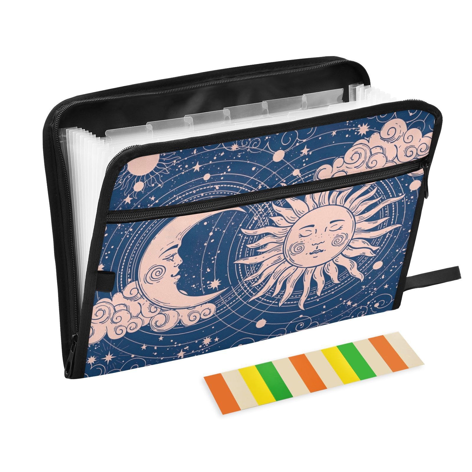 Moon and Sun on Blue Background Expanding File Folders 13 Pocket Accordion Document Organizer for Organization, Board Games, Travel, School Office Supplies