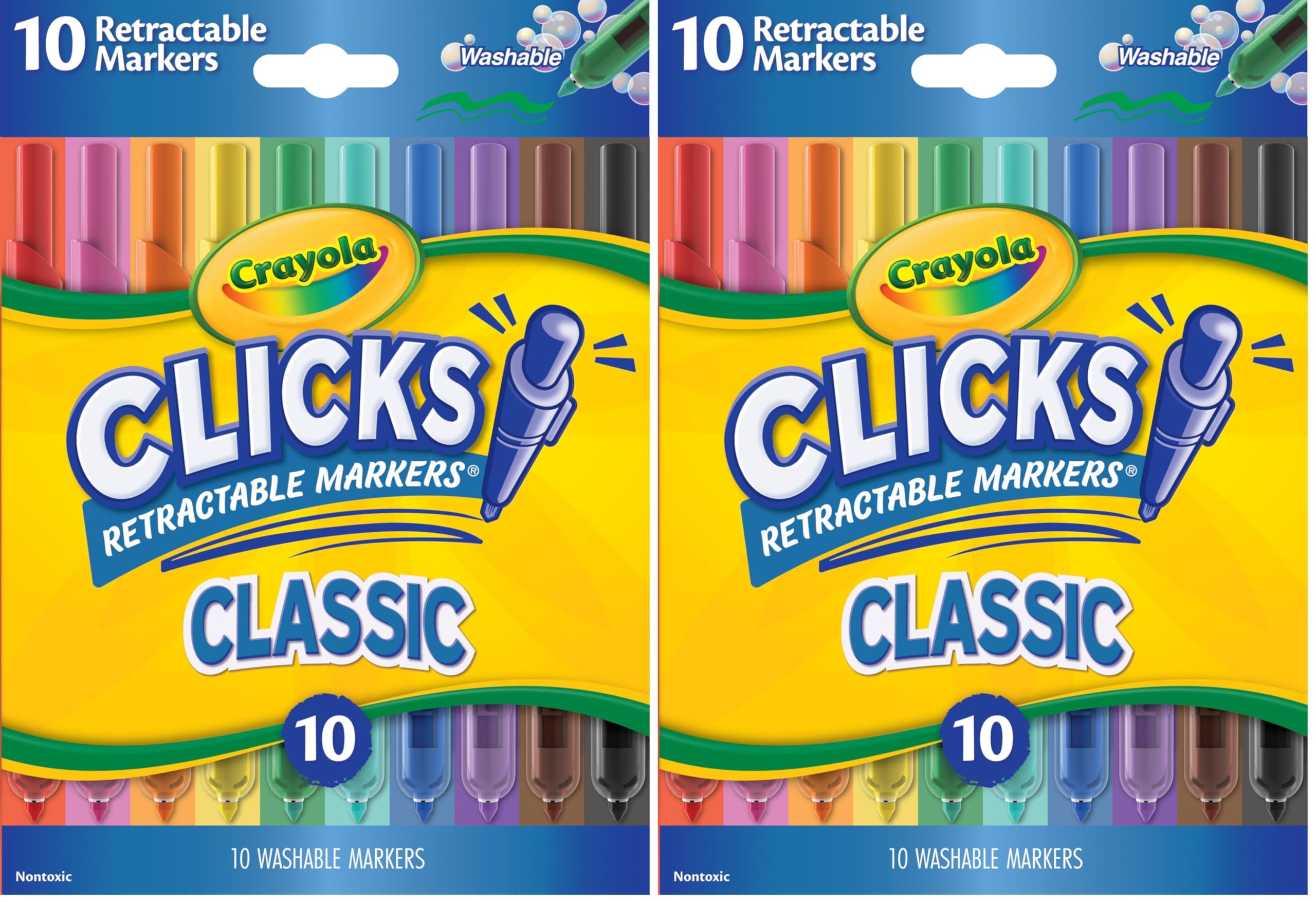 Crayola Clicks Retractable Tip Markers (10ct), Stocking Stuffers for Kids & Toddlers, Cone Tip Washable Art Marker Set, Coloring Book Supplies, No Dry, 3+ (Pack of 2)