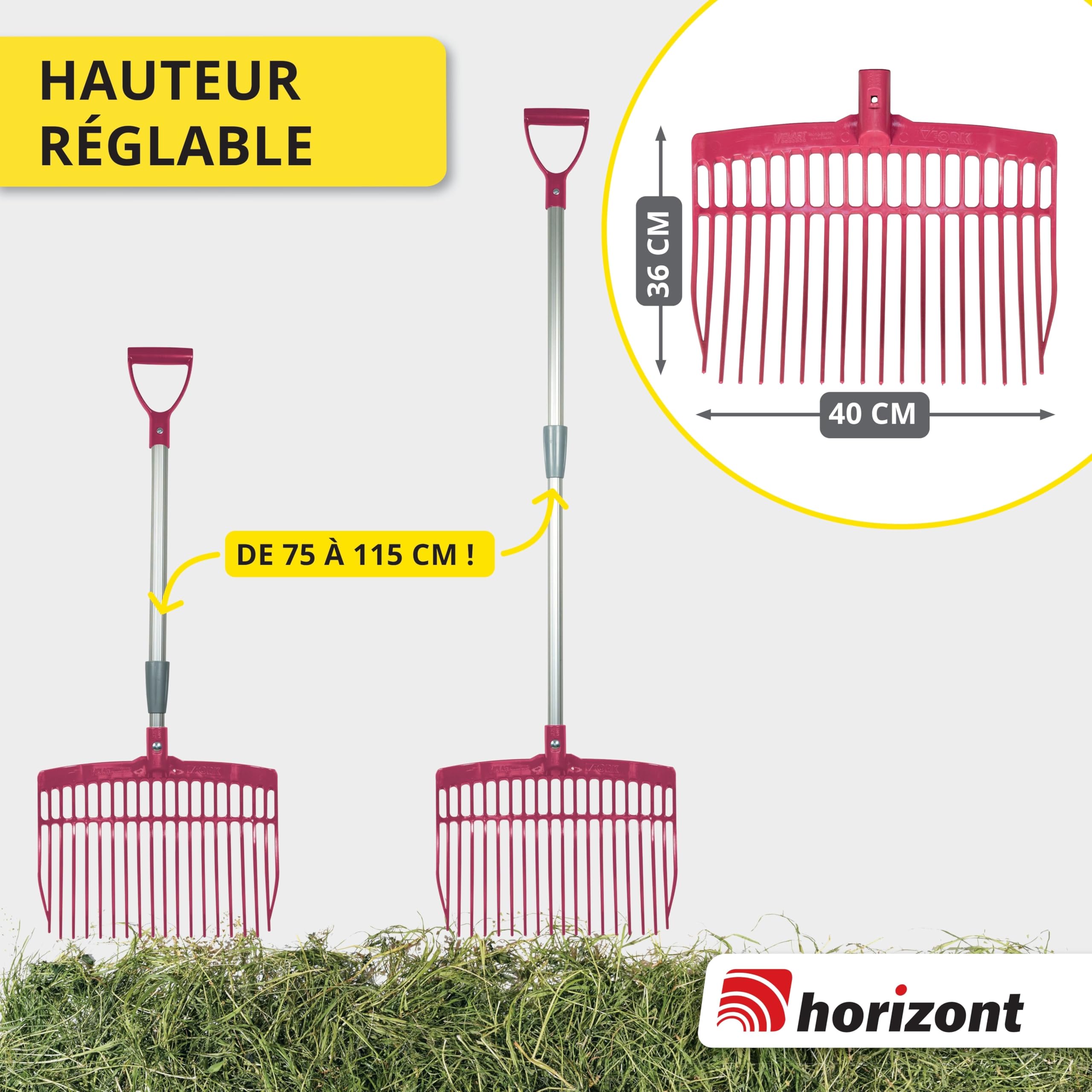 horizont Fourche suédoise avec manche en aluminium réglable 75–115 cm – fourche à fumier légère et robuste pour enfants et adultes – ergonomique et résistante aux intempéries