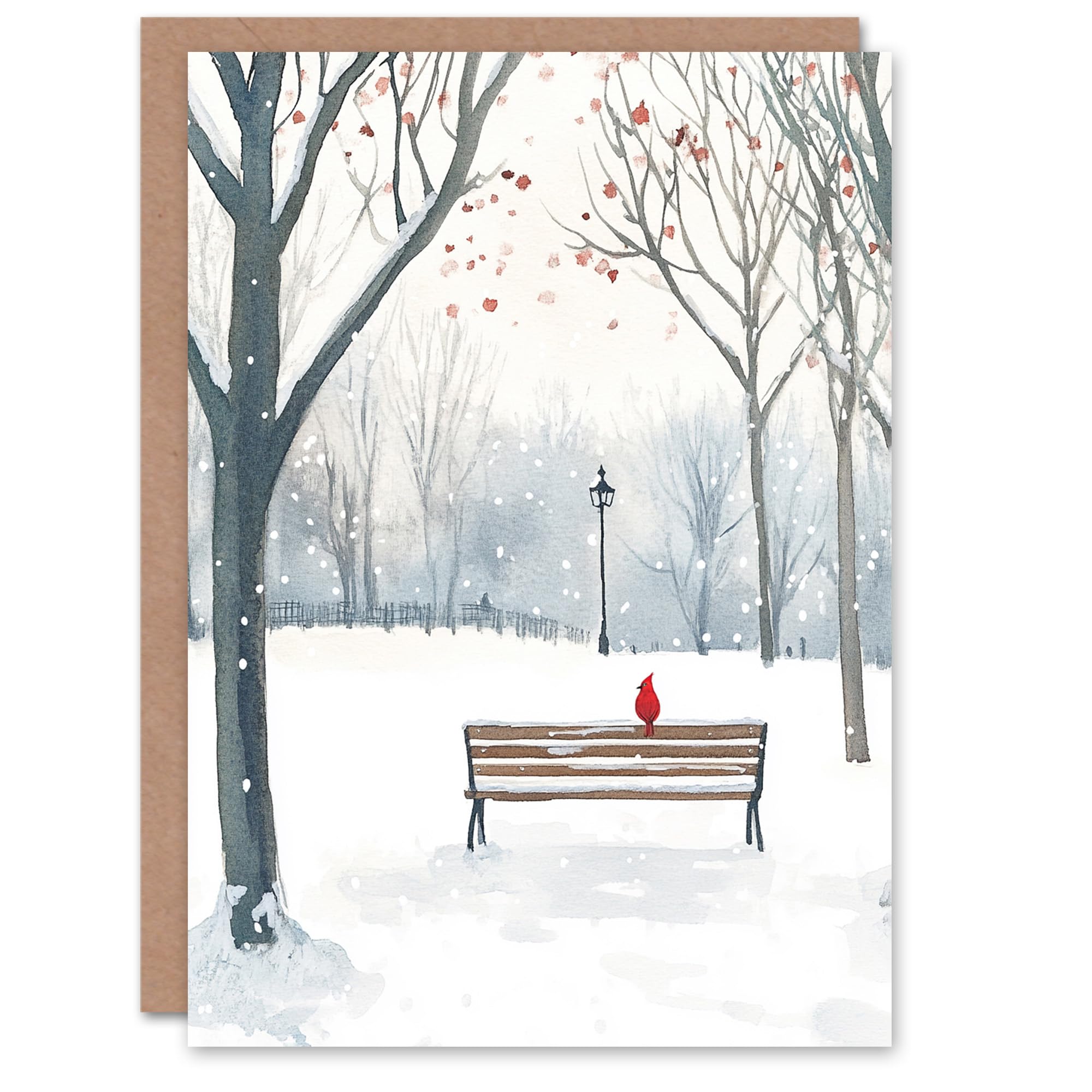 Park Winter Snow Scene Cardinal Bird Christmas Fun Gift Festive Xmas Card