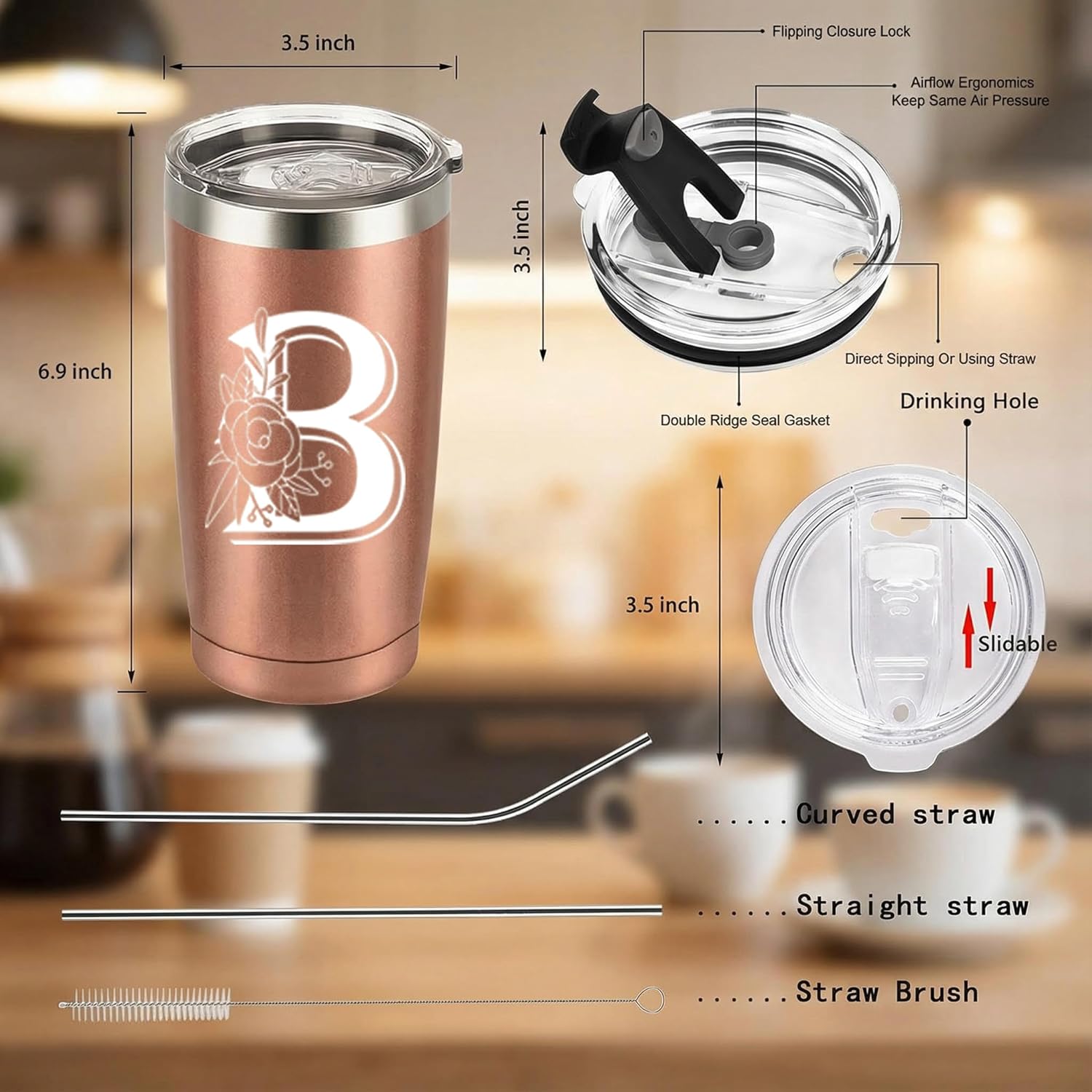 Letter B Insulated Travel Cup with Lid, Personalized Initial Mugs for Women, Letter B Gift Coffee Mugs for Women, Wife, Mom, Grandma, Bridal Shower Gifts, 20 OZ Rose Gold Two Lids - Image 5