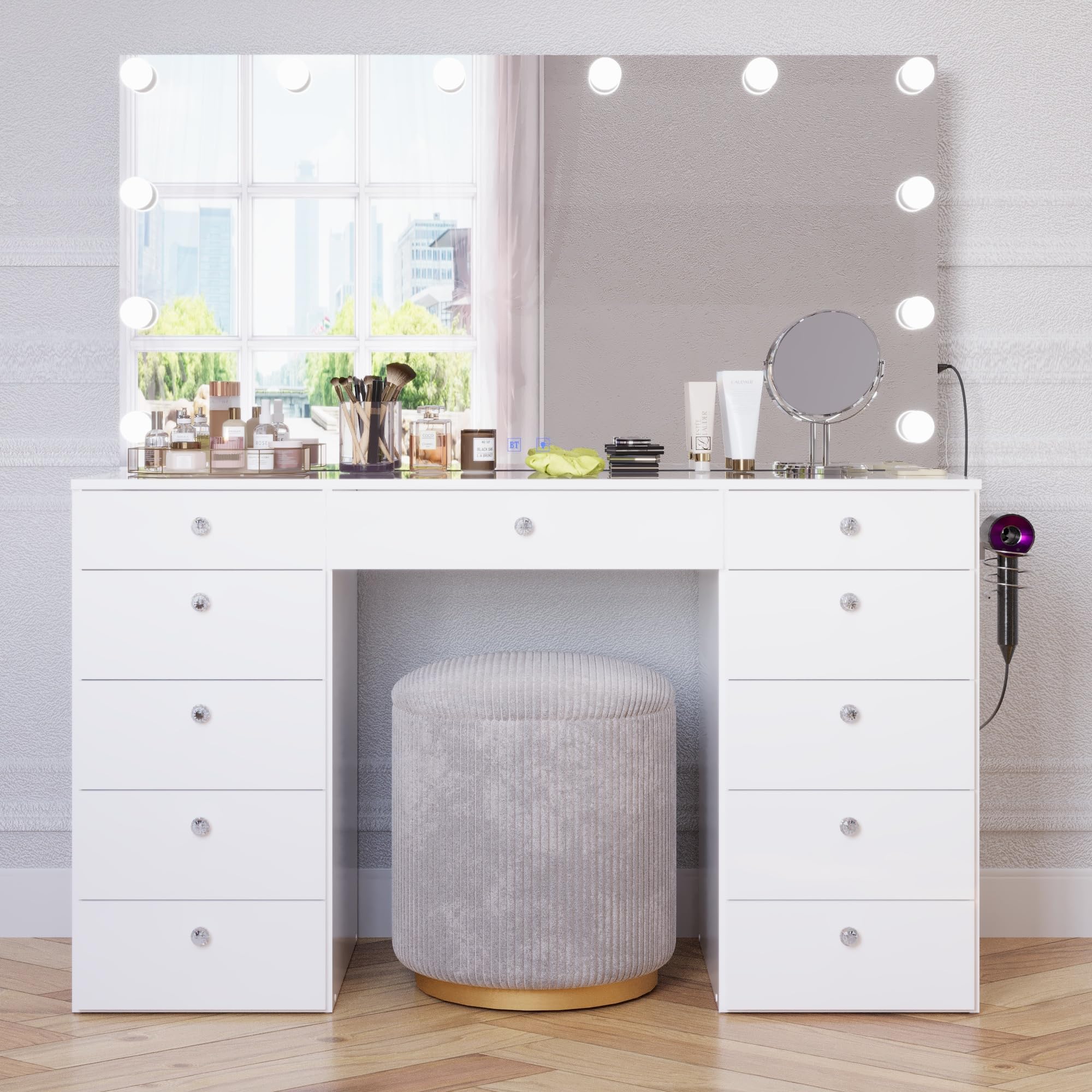 Boahaus Orla - Glass Top Large Vanity Desk w/Bluetooth Speaker, 12 Hollywood Lights, 11 Drawers, Crystal Knobs, USB Type-C & Type-A Ports, Power Outlet, Premium Makeup Vanity for Women, Teens – White