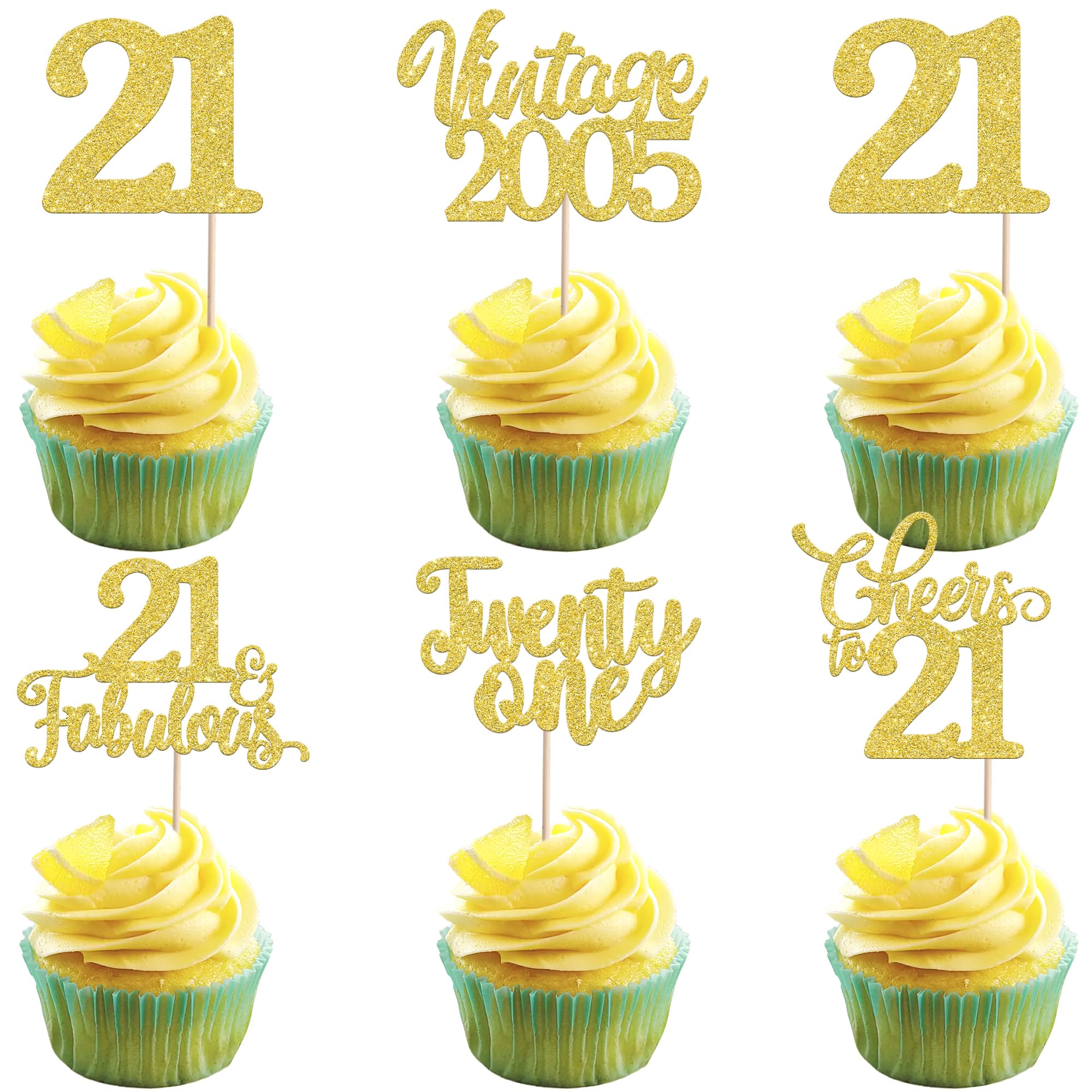 30 Pack Happy 21st Birthday Cupcake Toppers Glitter Hello 21 Twenty One Vintage 2005 Cupcake Picks Cheers to 21 Party Decorations for 21st Birthday Anniversary Party Cake Decorations Gold