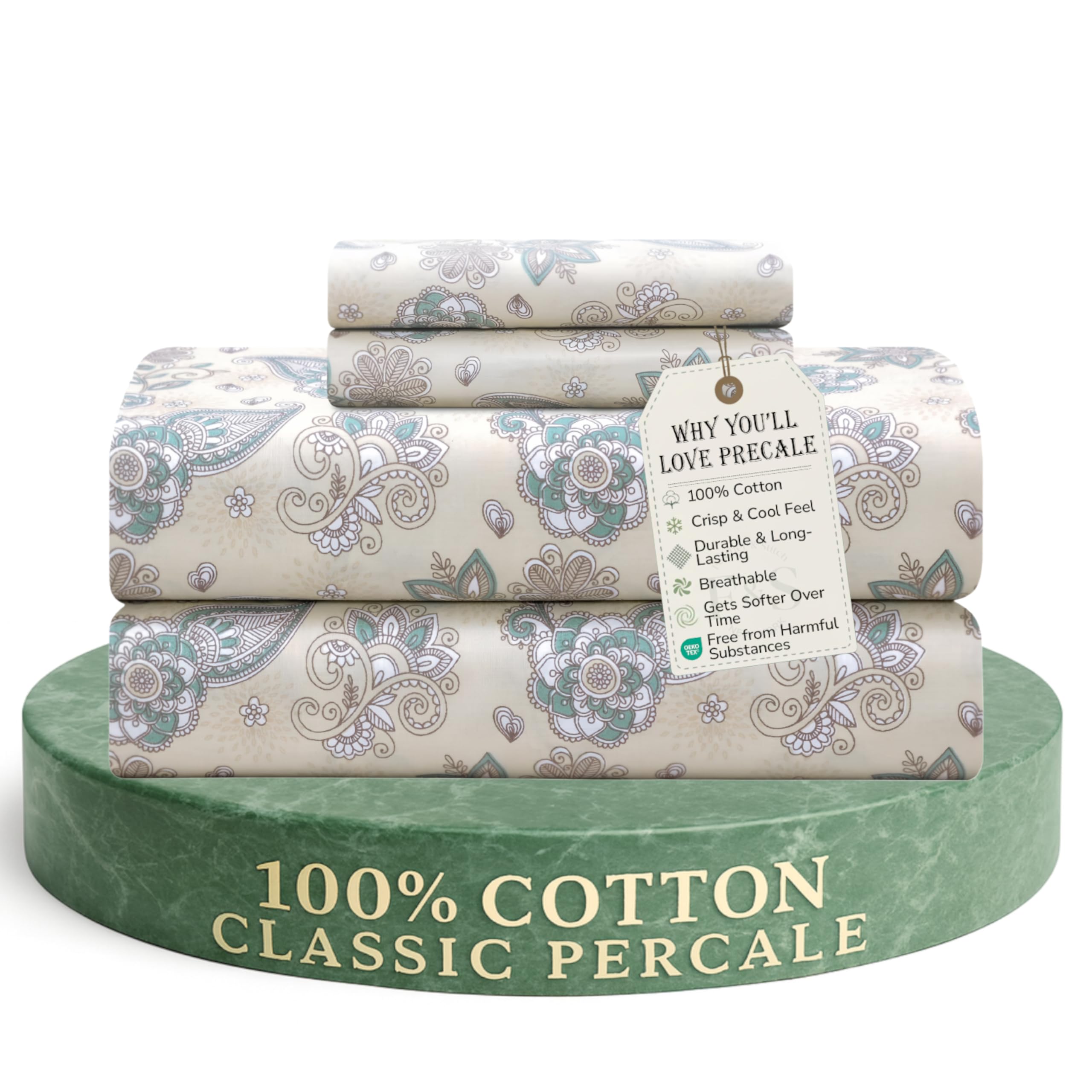 Feather & Stitch Softest 100% Cotton Sheets, 300 Thread Count Percale Weave Bedding, 16" Deep Pocket, Cooling Sheets, Breathable Bed Set, Hotel Premium Quality (Queen, Beige Paisley)