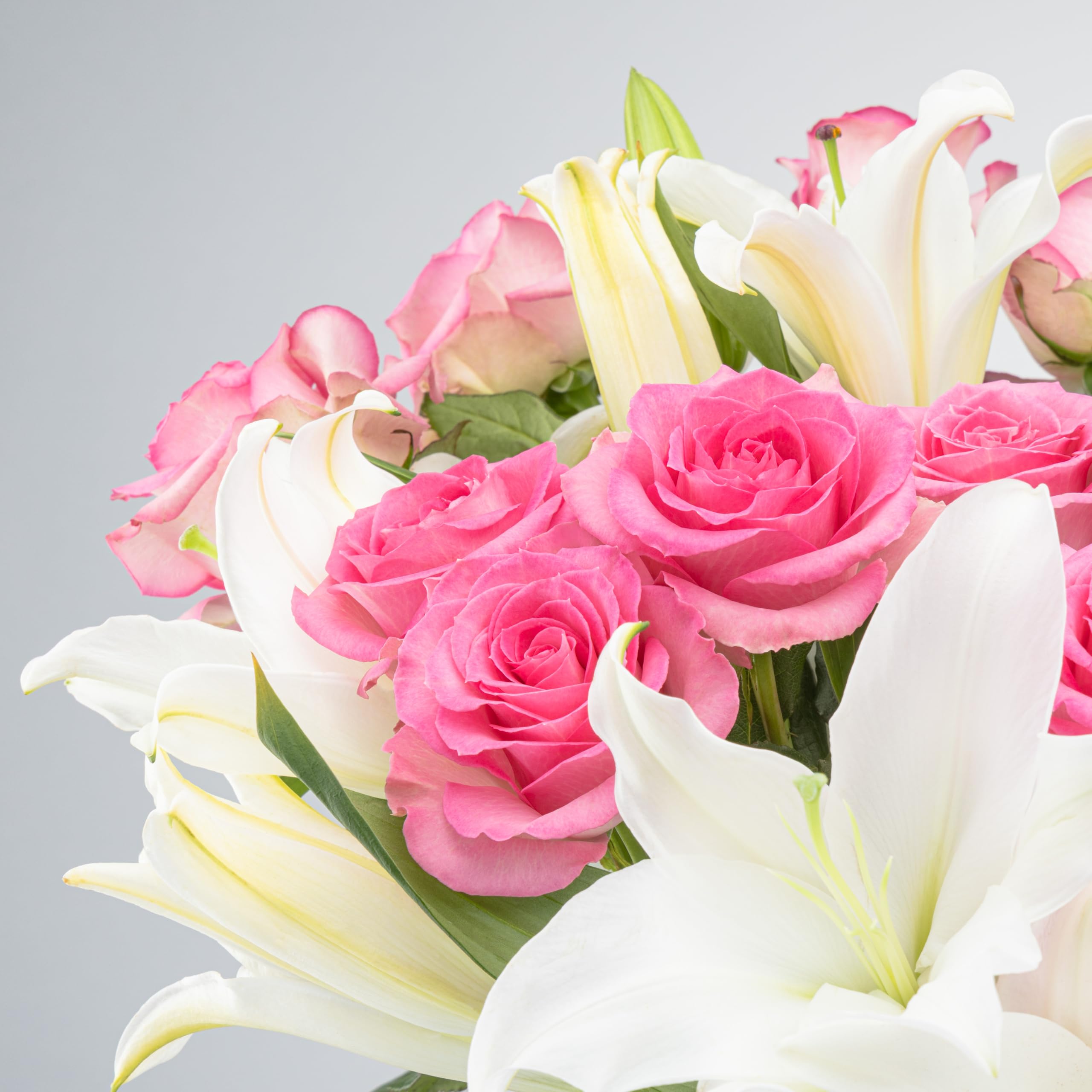 Benchmark Bouquets Roses rose clair et lys orientaux blancs, avec vase (fleurs fraîchement coupées)