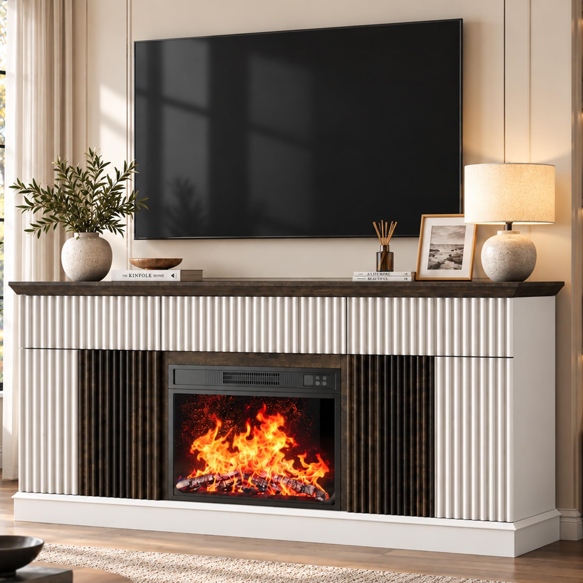 View 1 of ***MINOR DAMAGE***58" Fluted Fireplace TV Stand with 23" Fireplace for 65" TV, Entertainment Center with 2 cabinets, Electric Fireplace TV Stand with 3 Drawers, TV Console with Storage for Living Room