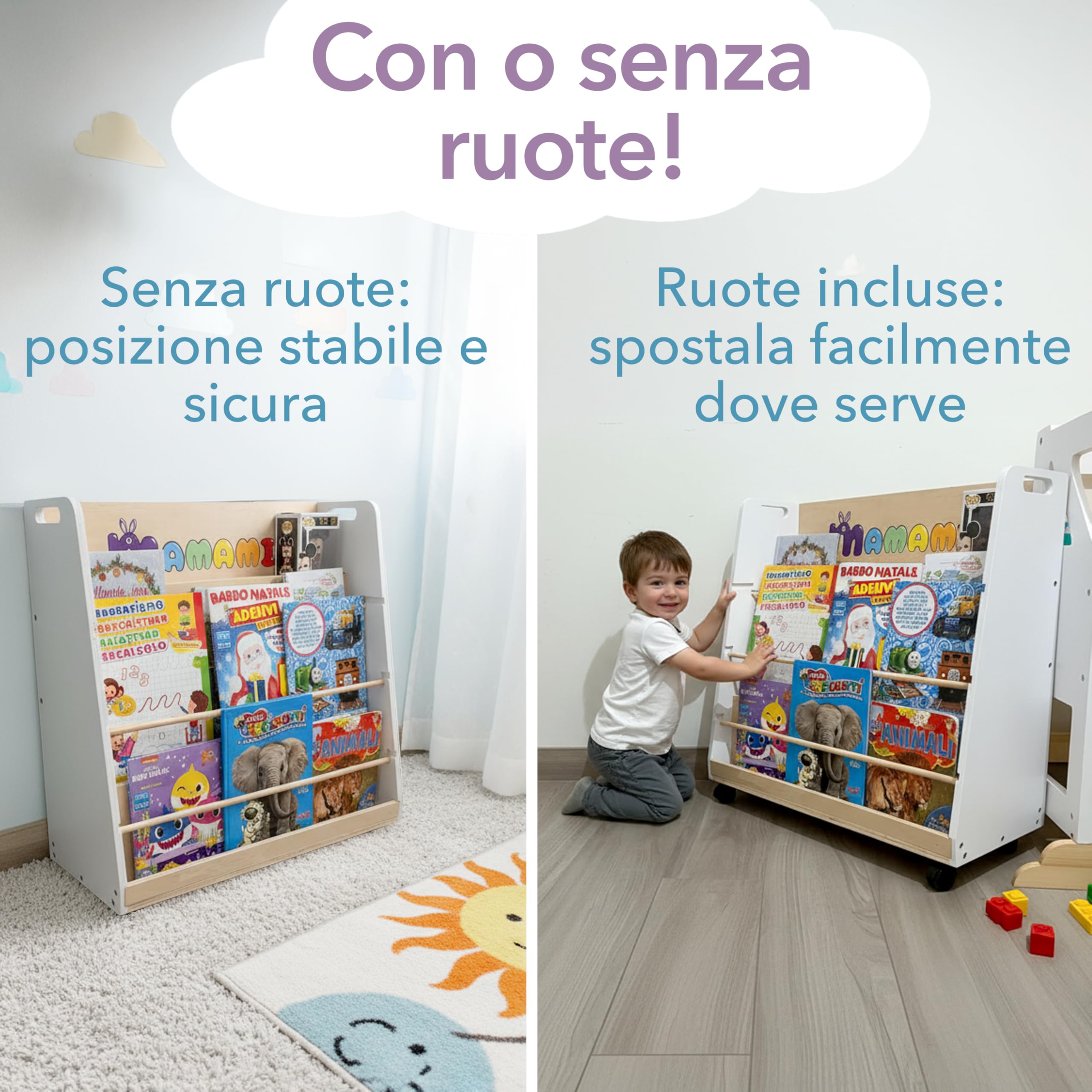 Libreria Montessoriana per Bambini,in Legno spessore 1.5 cm, 4 Ripiani Frontali e Vano Posteriore, Ruote Opzionali, 72x67x35 cm