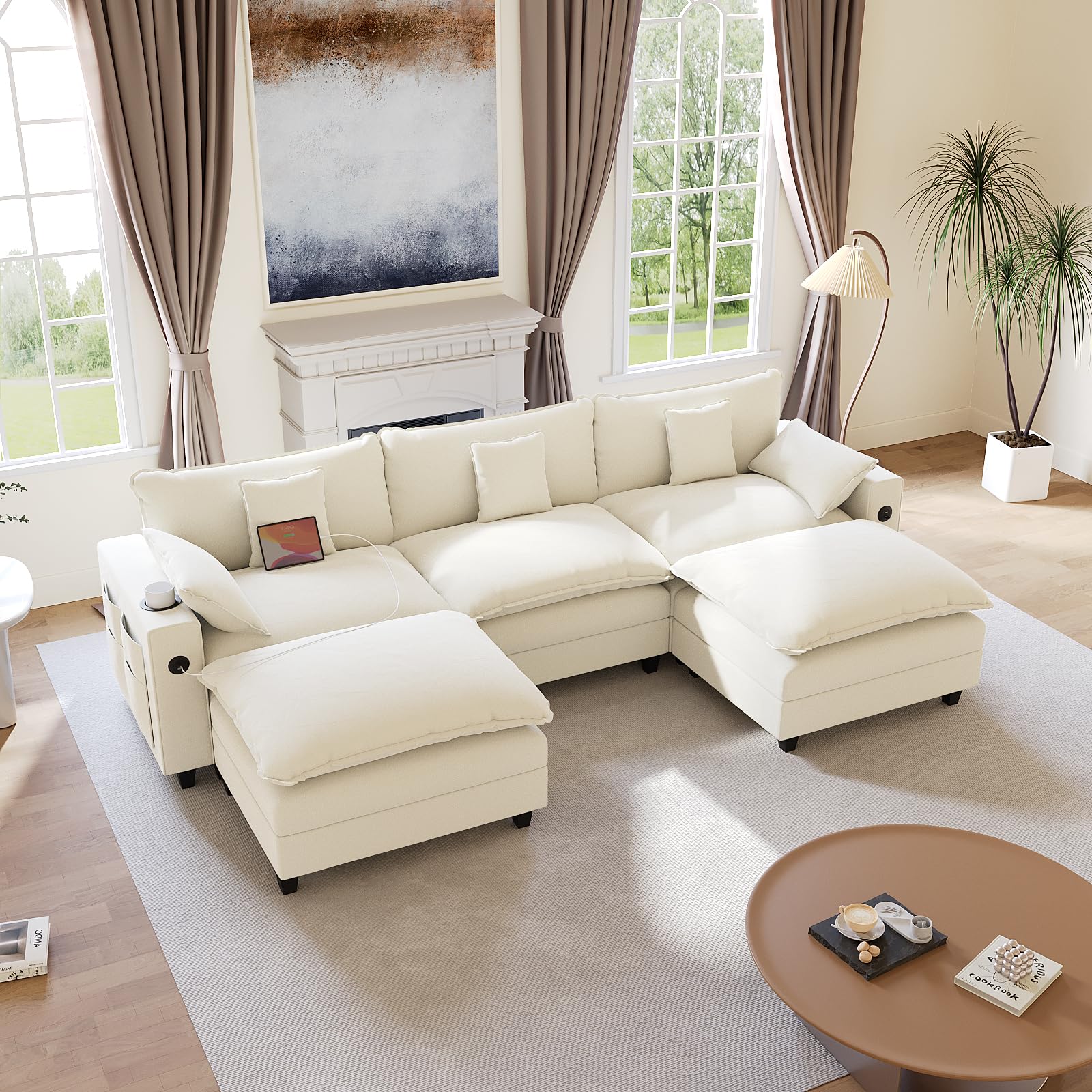 KCGKCG 116" Modular Sectional Sofa, U Shaped Cloud Couch with Movable Ottoman, Chenille Deep Seat Cloud Sofa with Charging Station, Cup Holder, Side