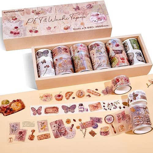 Miniatura 8 de emmoolife Cinta Washi y cintas de PET para diario, 3 rollos de cintas Washi vintage y 6 rollos de cinta de acuarela de resina impermeable, uso como