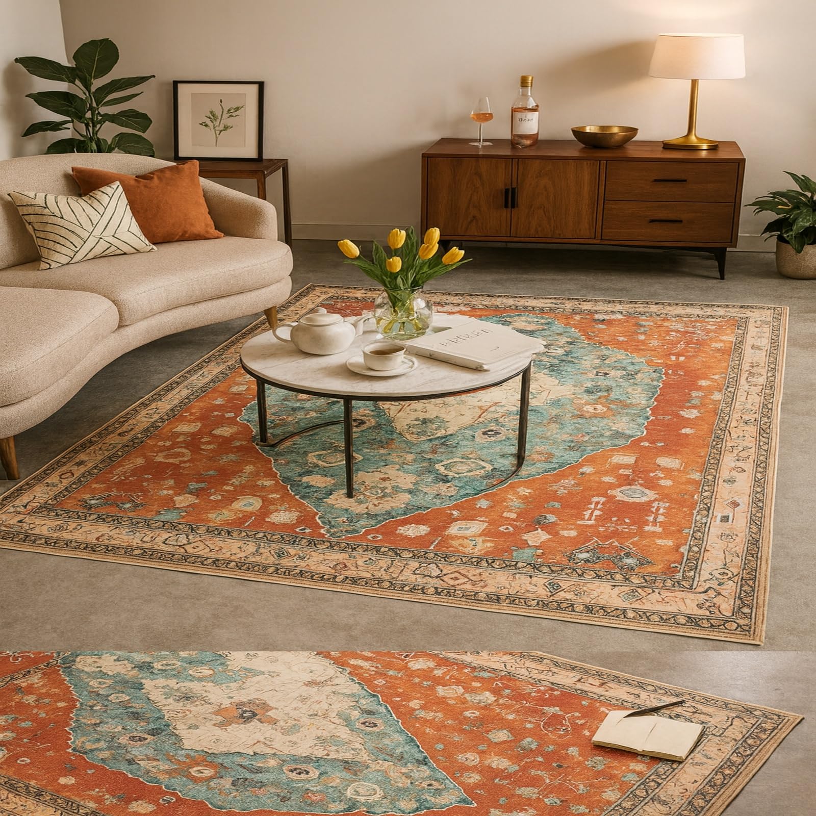 Tapis de chambre et cuisine vintage géométrique rouge et bleu 100x160
