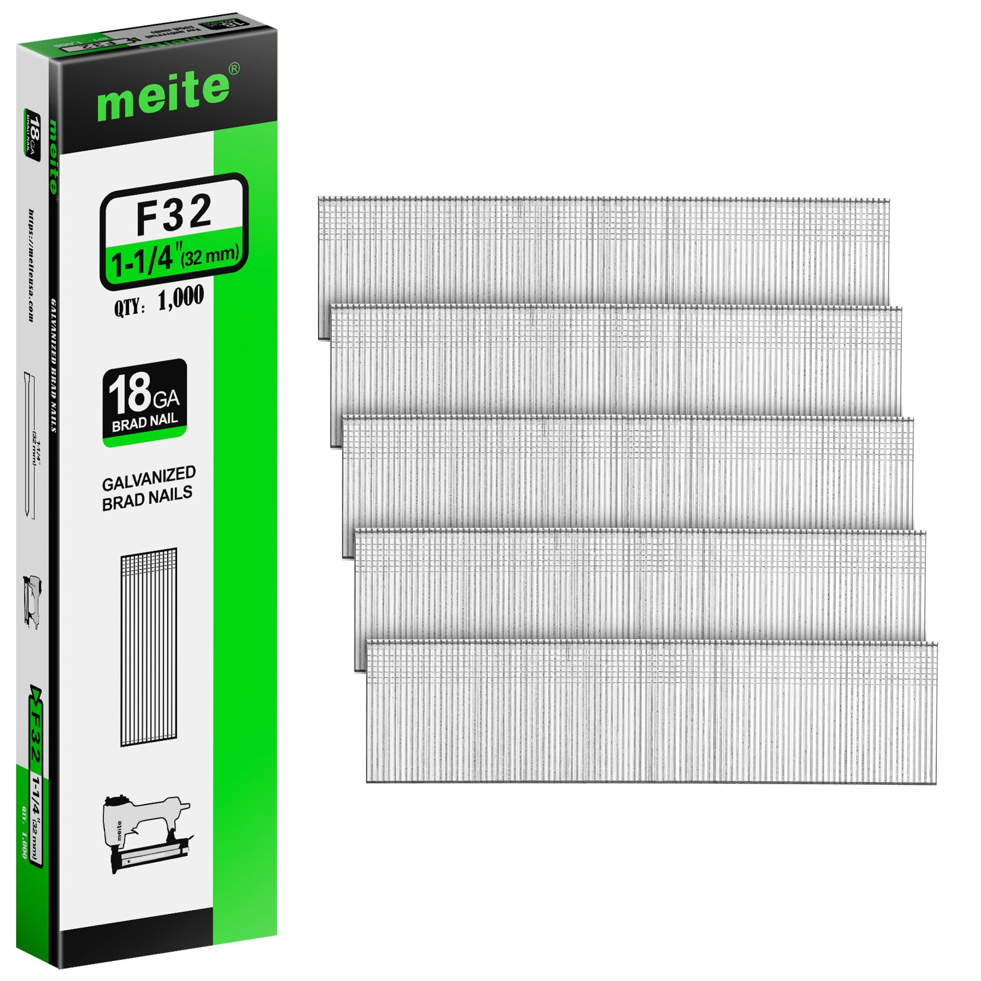 meite 18 Gauge Brad Nails, 1-1/4 Inch 18GA Brad Nails Galvanized Small Finishing Nail Gun Nails for Pneumatic, Electric Brad Nailer Gun (1,000 Counts)